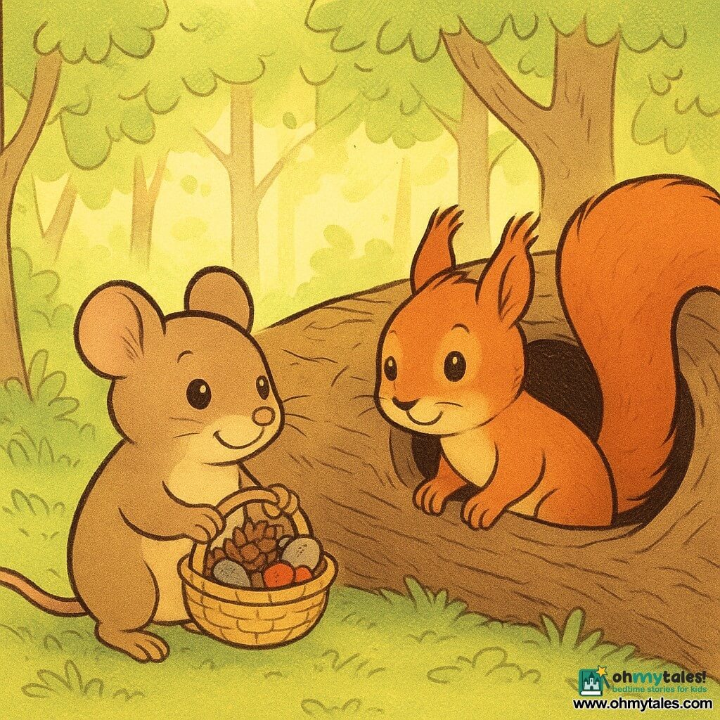 Mossy, a small mouse with a round belly and bright eyes, stands in front of a fallen tree trunk with a shy but warm smile. He holds a small basket made of leaves filled with smooth pebbles, a pine cone, and three berries. Another curious little face, that of a squirrel with sparkling eyes and reddish fur, emerges from the tree trunk, watching Mossy with a friendly expression. The scene takes place in a bright forest with trees bearing light green leaves and a carpet of soft moss. The sun filters through the branches, creating patches of golden light on the ground. Mossy and the squirrel are about to become friends, symbolizing the start of a new friendship.