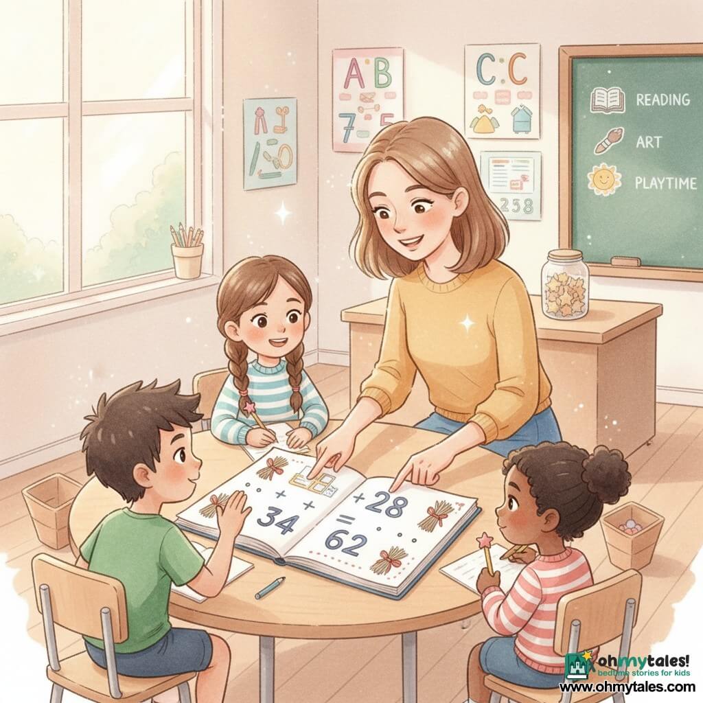 A reassuring smiling female teacher with a light-brown bob, wearing a mustard sweater and blue skirt, crouches by a table showing a large open workbook reading 34 + 28 = 62 with small drawings of tens tied with a ribbon; an about-8-year-old spiky-haired boy in a green T-shirt sits left, leaning forward with his hand raised, an about-8-year-old girl with brown braids and a striped sweater sits right smiling and holding a pencil, and a about-7-year-old girl with a star-shaped eraser on her pencil looks at the workbook with a shy smile; the warmly lit classroom has tables in clusters like boats, colorful number and alphabet posters, a clean board behind the teacher with a daily list, a glass jar of paper stars on the desk, and the scene shows a calm, joyful discovery as the teacher explains tens and units with drawings of dots and bundles of ten illustrating trading to the tens column, in a friendly atmosphere with pastel colors, watercolor textures and white highlights on window reflections and paper details.
