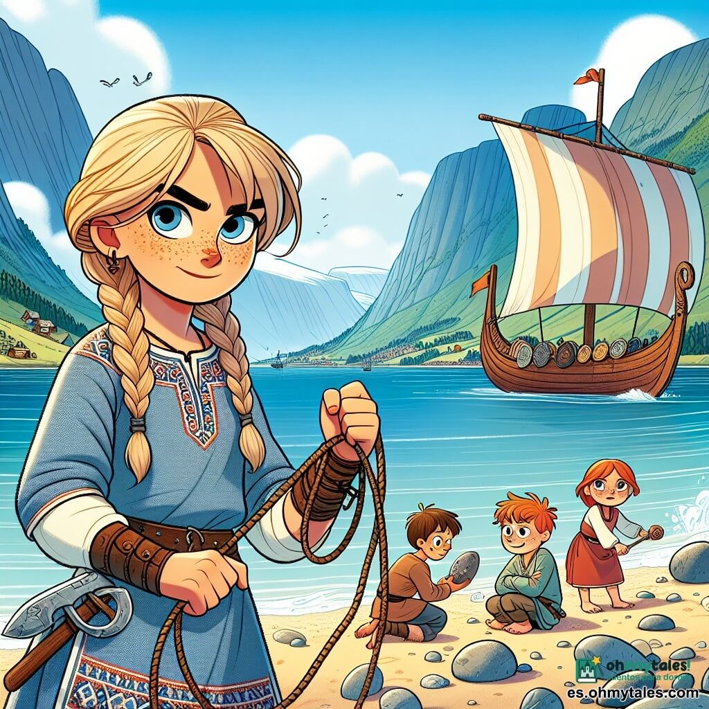 Una mujer vikinga, Sigrid, se encuentra en la playa, con el cabello rubio trenzado y una expresión decidida y suave en su rostro. Lleva una túnica de lino azul, adornada con motivos nórdicos, y botas de cuero. Sigrid sostiene una cuerda en sus manos, lista para unir a amigos separados por disputas. A su lado, un niño de aproximadamente 12 años, Gunnar, con el cabello castaño desordenado y ojos brillantes, mira a Sigrid con curiosidad, sosteniendo un pequeño trozo de madera tallada en su mano. Un poco más lejos, una niña de 10 años, Torvi, con cabello rojo y pecas, sonríe tímidamente, observando la escena mientras juega con una piedra pulida. El lugar es un fiordo majestuoso, con montañas escarpadas reflejándose en el agua cristalina, rodeado de bosques de coníferas. El cielo es de un azul brillante, salpicado de nubes blancas esponjosas, y el viento hace danzar las olas. La situación principal muestra a Sigrid, con determinación, preparando un puente de madera simbólico para reunir a los dos grupos de pescadores, mientras Gunnar y Torvi la observan, listos para ayudarla en su búsqueda de reconciliación.
