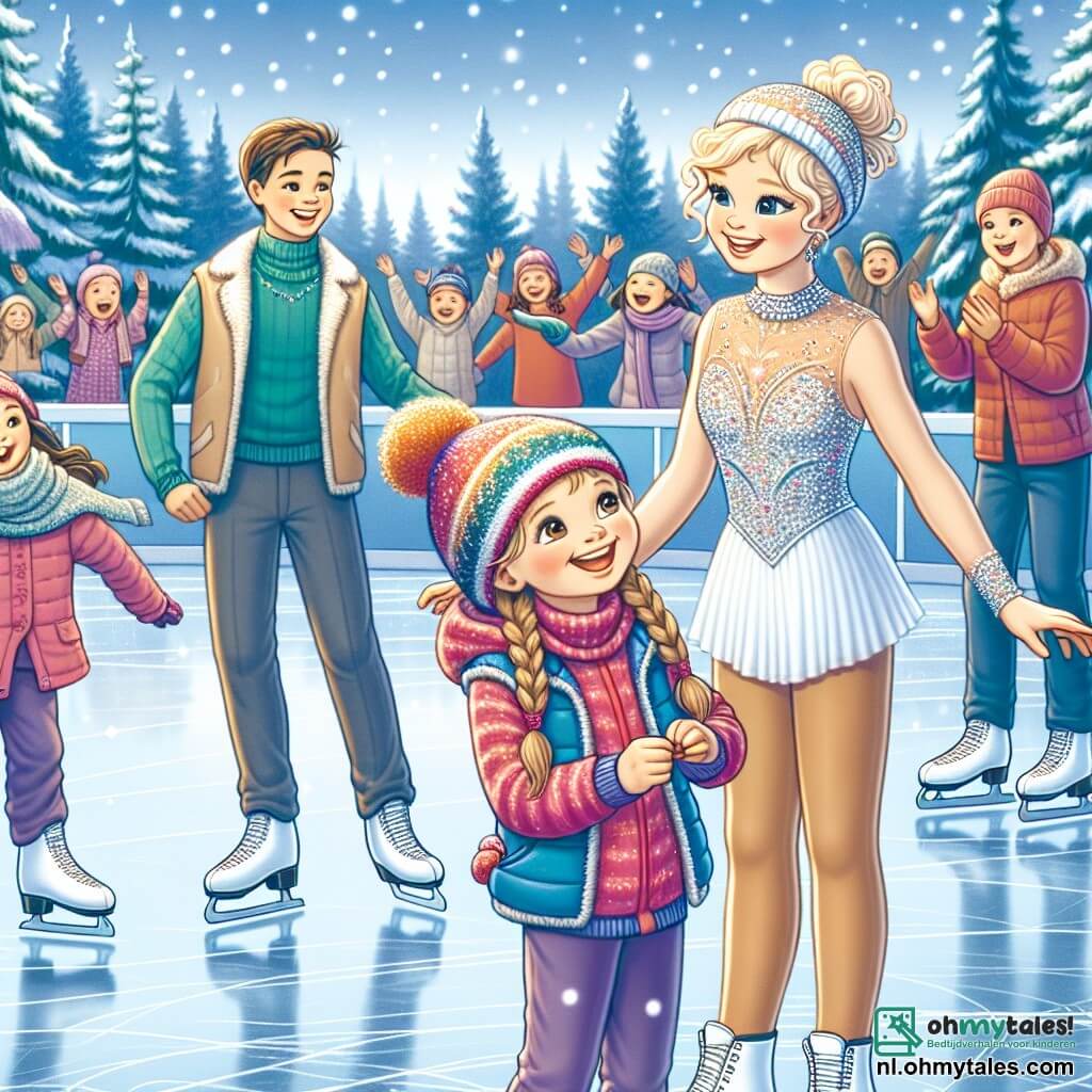 Op de voorgrond is Mila, een 10-jarig meisje met bruin gevlochten haar en een grote glimlach, die haar schaatsen aantrekt op het glanzende ijs van de schaatsbaan. Naast haar moedigt Sara, een ander 10-jarig meisje met krullend blond haar en een kleurrijke muts, haar enthousiast aan. Iets verderop staat Lotte, een beroemde 25-jarige schaatser, met een gracieuze houding, gekleed in een sprankelend wedstrijdoutfit en glimlachend naar de kinderen. De scène speelt zich af op een levendige schaatsbaan, omringd door besneeuwde dennenbomen en zacht vallende sneeuwvlokken uit de blauwe lucht. Kinderen schaatsen vrolijk op de achtergrond, terwijl ouders applaudisseren en aanmoedigen. De hoofdactie toont Mila en Sara die hun schaatsbewegingen oefenen, met gelach en aanmoedigingen, terwijl Lotte hen vriendelijk observeert, klaar om advies te geven.