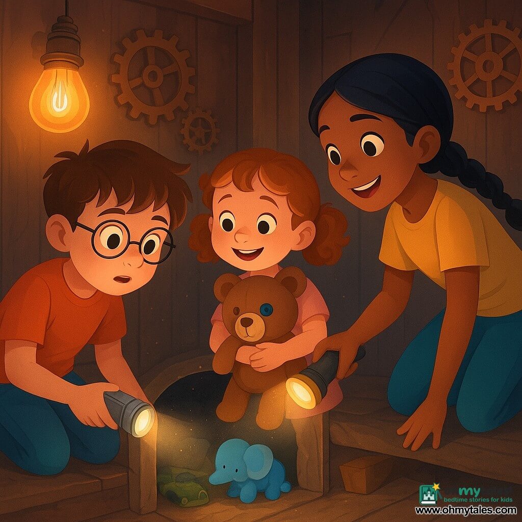 Tommy, a 10-year-old boy with a round freckled face, short messy brown hair and thin glasses, crouches holding a small silver camera and shines its light into a dark hole; his little sister Mia, about 6, with curly hair in pigtails and a relieved, joyful face, clutches a brown teddy bear with a large blue button eye and stands beside him; their friend Riya, also 10, energetic with braided black hair and brown skin, leans forward shining a yellow flashlight down a narrow fabric-lined tunnel to reveal a small pile of toys and the teddy, the blue button highlighted, dust motes sparkling; they are in an escape-room styled room with faux aged wood walls, copper gears, warm filament lamps and a dusty plank floor, composition intimate and centered with expressions of wonder and relief.