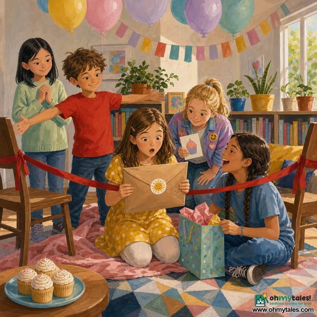 Five children at a bright living-room "Gift Corner": Mina, ~10, mid-brown hair, yellow polka-dot dress, kneeling center holding a large kraft envelope with a sun sticker, surprised with shining eyes; Nico, ~6, tousled hair, red T-shirt, standing just behind Mina left with arms spread like a little guard, proud expression; Jada, ~10, tan skin, braided hair, casual blue outfit to Mina's right on the rug with an open gift bag, laughing; Zoey, ~10, straight black hair, pale green sweater, standing slightly back left with gentle gaze and hands clasped; Lila, ~9, blonde ponytail, colorful pinned jacket, crouched right behind Mina holding a small cupcake-card, mischievous smile. The corner near a low bookshelf with colorful books and potted plants, light wood floor with a geometric rug, two chairs tied with a red ribbon around a plush blanket as the Gift Corner, pastel balloons, paper garlands and a plate of vanilla cupcakes on a low table. The moment shows the envelope being opened, warm affectionate surprise, tight composition, vivid contrasting colors, visible acrylic paint texture (brushstrokes, slight impasto) and soft morning light from a right window casting warm shadows and highlights on faces.