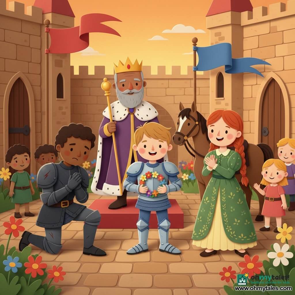 A young boy knight, Sir Oliver, smiling and brave with light brown hair and silver armor with blue details, holds a small colorful flower crown and presents it proudly; a young girl, Lady Eliza (about 16), with braided red hair and a green patterned dress, applauds joyfully standing to his right near his horse; an adult man, Sir Cedric (about 25), a knight with an embarrassed expression and dark scratched armor, kneels left before Sir Oliver with head bowed in repentance; an older king (about 50) with a trimmed gray beard, purple robe, and golden scepter smiles softly from a small dais behind them; setting: paved castle courtyard with warm stone walls, red and blue banners, children in costume and flowers, bathed in golden twilight light; scene: a moment of forgiveness and return of the crown with gentle gestures, sincere expressions, a warm peaceful atmosphere, bold colors and simple paper-cut silhouettes.