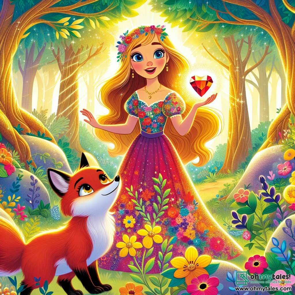 A woman named Eloise, around 30 years old with long golden hair and sparkling eyes full of curiosity, stands in the center of an enchanted forest. She wears a light, multicolored floral dress, and her face radiates joy and determination. Beside her is a small fox with fur as black as night and bright, sad eyes, looking at Eloise with hope. The scene is set in a magical forest with golden tree trunks and shimmering leaves. Colorful flowers dance in the wind, and rays of light filter through the foliage, creating a fairy-tale atmosphere. Eloise reaches for the heart of the forest, a brilliant red gem, ready to return it to its place to bring light back to the kingdom. The fox beside her appears hesitant but determined to make the right choice.