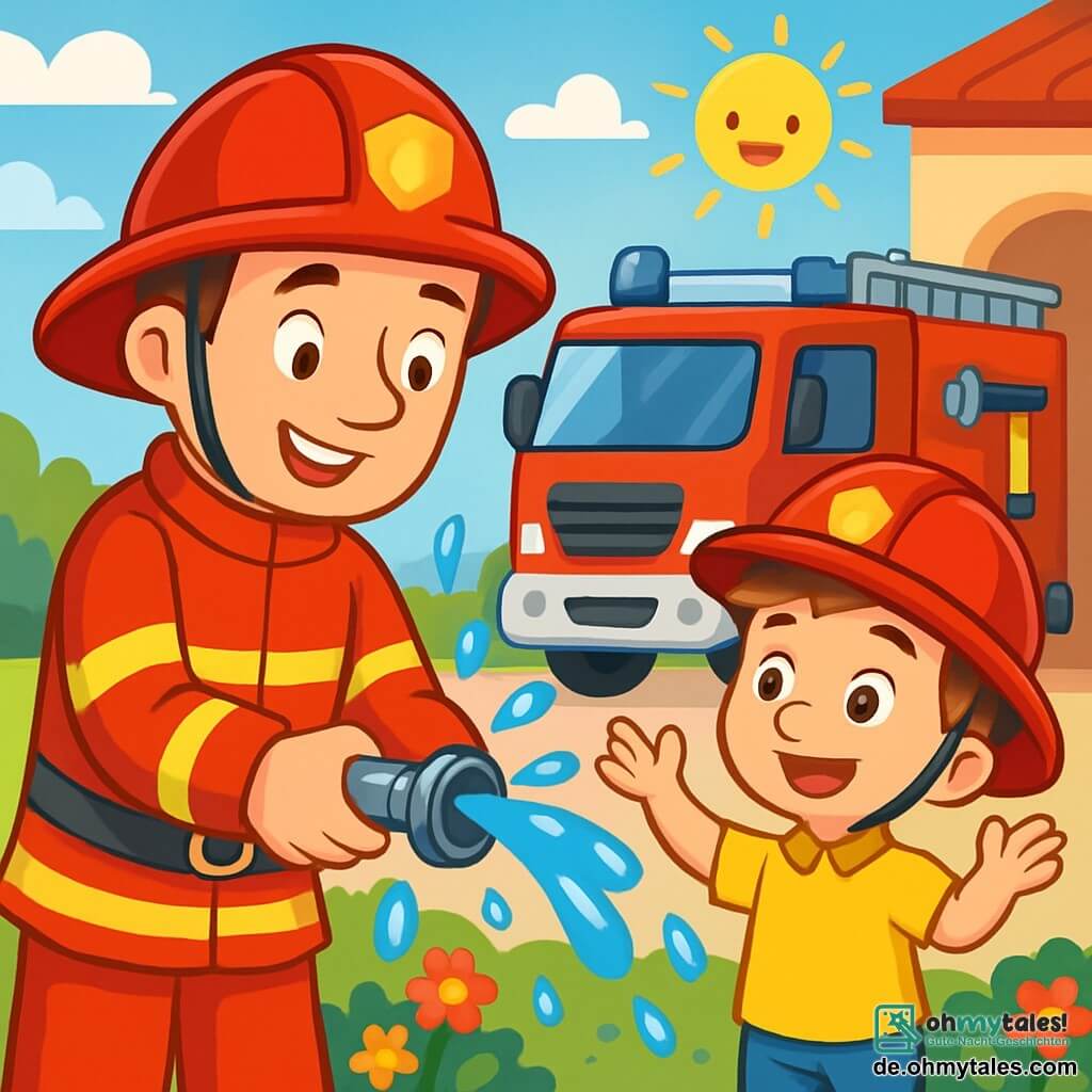 Ein junger Mann, der Feuerwehrmann Max, lächelt begeistert in seiner leuchtend roten Uniform mit glänzendem Helm. Er zeigt einem etwa 6 Jahre alten Jungen, der große, staunende Augen hat und einen kleinen Feuerwehrhelm trägt, ein kleines Metallteil. Der Junge steht neben Max mit erhobenen Armen vor Aufregung. Der Ort ist eine lebhafte Feuerwache mit einem großen roten Feuerwehrwagen im Hintergrund, Rettungswerkzeugen an den Wänden und bunten Blumen im Garten. Die Hauptsituation zeigt Max, der Tim erklärt, wie die Feuerwehrgeräte funktionieren, während glitzernde Wasserfontänen um sie herum spritzen und die Sonne fröhlich am klaren blauen Himmel scheint.