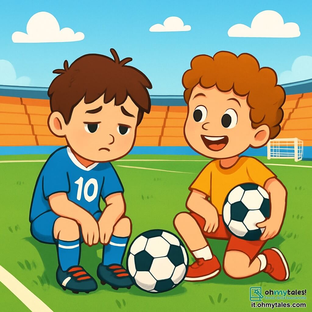 Un uomo, Tommaso, è seduto sul bordo del campo da calcio, con un'espressione pensierosa e un po' triste, con i capelli castani in disordine e una maglietta blu con il numero 10. Guarda a terra, con le mani sulle ginocchia, mentre un pallone da calcio è posato ai suoi piedi. Accanto a lui, un ragazzo di 8 anni, Leo, con capelli ricci e un grande sorriso, tiene un pallone sotto il braccio, pieno di energia ed entusiasmo. Leo è seduto sull'erba verde, leggermente inclinato verso Tommaso, con un'espressione curiosa e gioiosa. Il campo da calcio è circondato da tribune vuote, con linee bianche ben tracciate sul prato, e il cielo è di un blu brillante, punteggiato da alcune nuvole bianche. La scena principale mostra Tommaso, un po' abbattuto dopo una sconfitta, mentre Leo, pieno di vita, gli fa domande sul calcio, portando un tocco di ottimismo e amicizia.