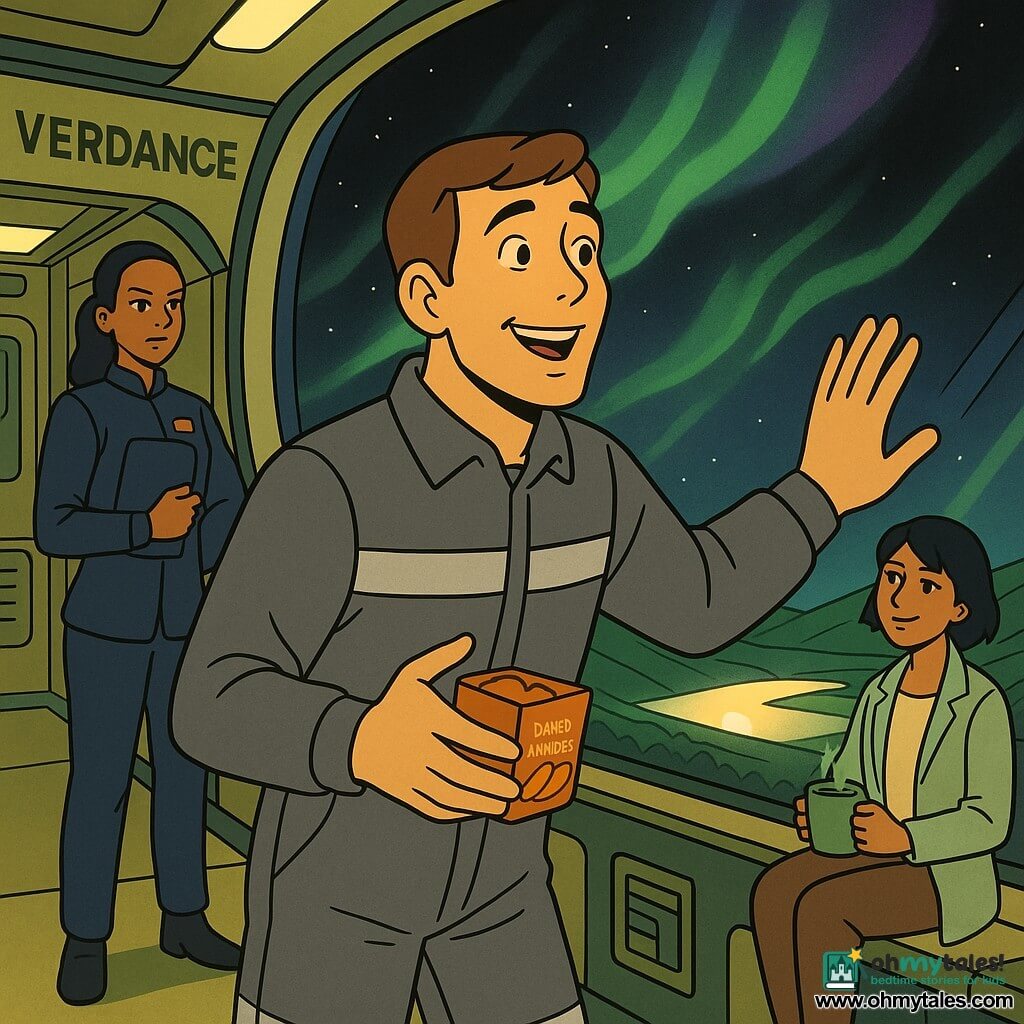 A man (Jace Moran) stands at a large curved observation window on the Verdance habitat ring, relieved and amazed, relaxed brow, bright eyes, short brown hair, gray technician uniform with reflective stripes, one hand on the glass and the other holding a small box of dried mango; a woman (Imani Reyes) stands back to the left, upright and confident, hair tied, navy commander uniform with a tablet under her arm, watching him protectively; another woman (Priya Chen) sits nearby on a bench, smiling with short hair, casual scientist attire, holding a mint tea cup and looking toward the inner valley; the observation gallery has thick tinted windows, green-cream metallic walls, soft lighting, visible panels and cables, and beyond the glass the blackness of space and a pale Sun on the horizon; the scene depicts the calm after a solar storm: warm interior light, faint dawn-colored drizzle on the glass (pale green and violet) from deflected particles, and an atmosphere of relief and gratitude.
