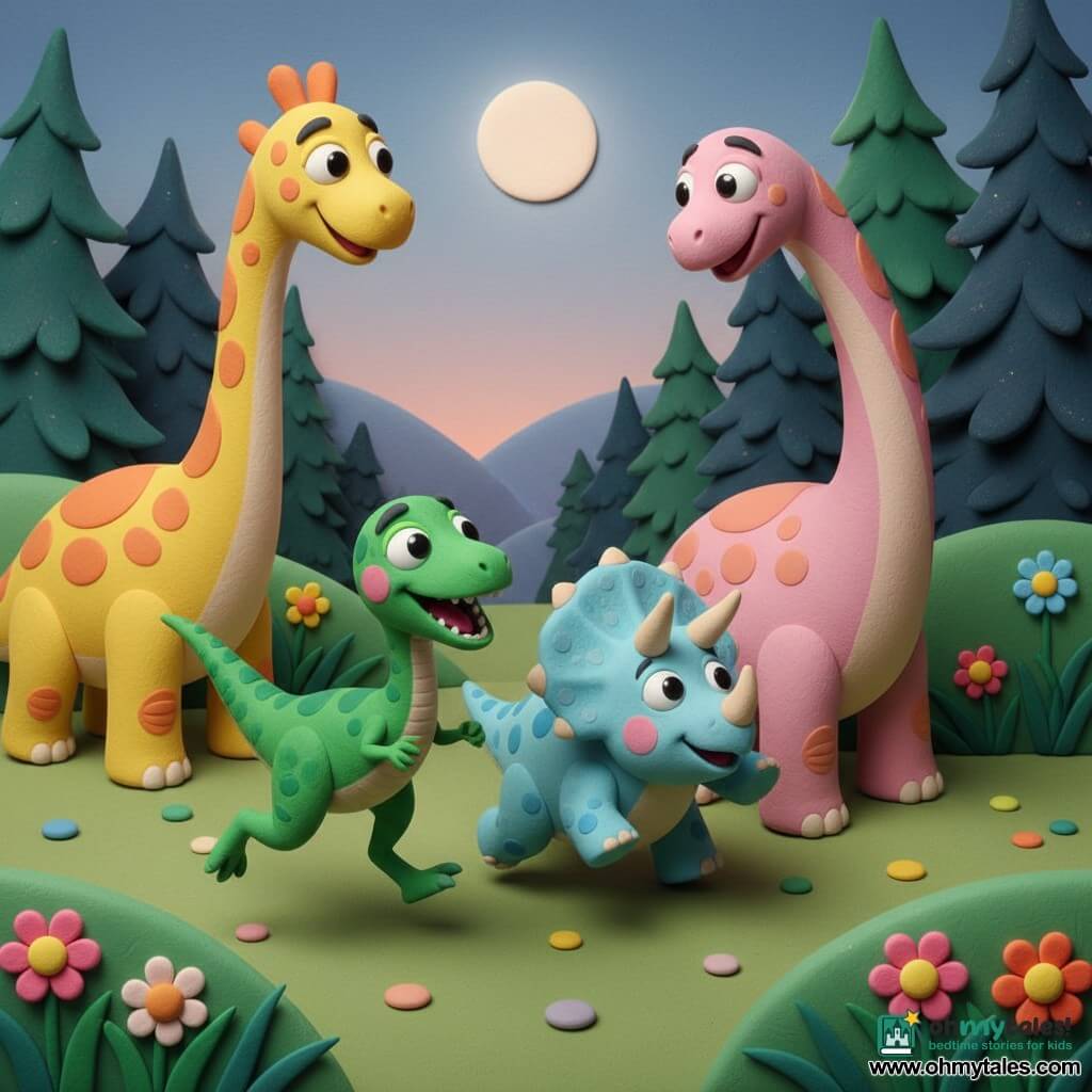 Vicky, a small velociraptor with a brave, joyful expression, large bright eyes and textured vivid green scales, runs at the front as if tracking someone; Timmy the triceratops, round and clever with short beige horns and light blue spotted skin, trots behind smiling and looking around; Bella the brachiosaur, with a long powder-pink neck and smooth, softly spotted skin, leans in from the right protectively; Gary the Giraffatitan, tall and gentle with a yellow neck speckled orange and reassuring eyes, stands left relieved, looking at his friends; they traverse a grassy valley at dusk with rounded hills, colorful clay-like flowers, thick trees and dark forest silhouettes, and a soft round moon above, approaching a warm, supportive group of dinosaurs singing under the moon, dynamic movement, bright colors, simple shapes and clay-like textures.