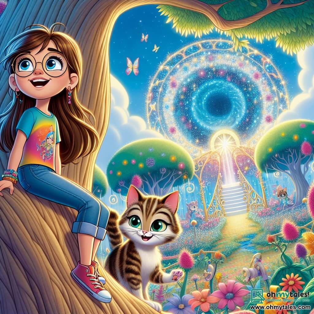 A 12-year-old girl, Milly, with long brown hair and round glasses, smiles in wonder as she stands atop a large tree. She wears a colorful t-shirt and denim shorts, her eyes sparkling with excitement. Beside her, her cat, Whiskers, a soft-furred tabby with bright green eyes, joyfully dances with his paws in the air. The setting is a magical garden filled with vibrant flowers and giant catnip plants, under a clear blue sky with fluffy clouds. In the distance, a shimmering portal opens to the Catnip Kingdom, illuminated by bright colors and fairy-tale patterns. The main scene shows Milly and Whiskers ready to dive into adventure, with expressions of joy and anticipation on their faces, surrounded by the enchanted atmosphere of the garden.