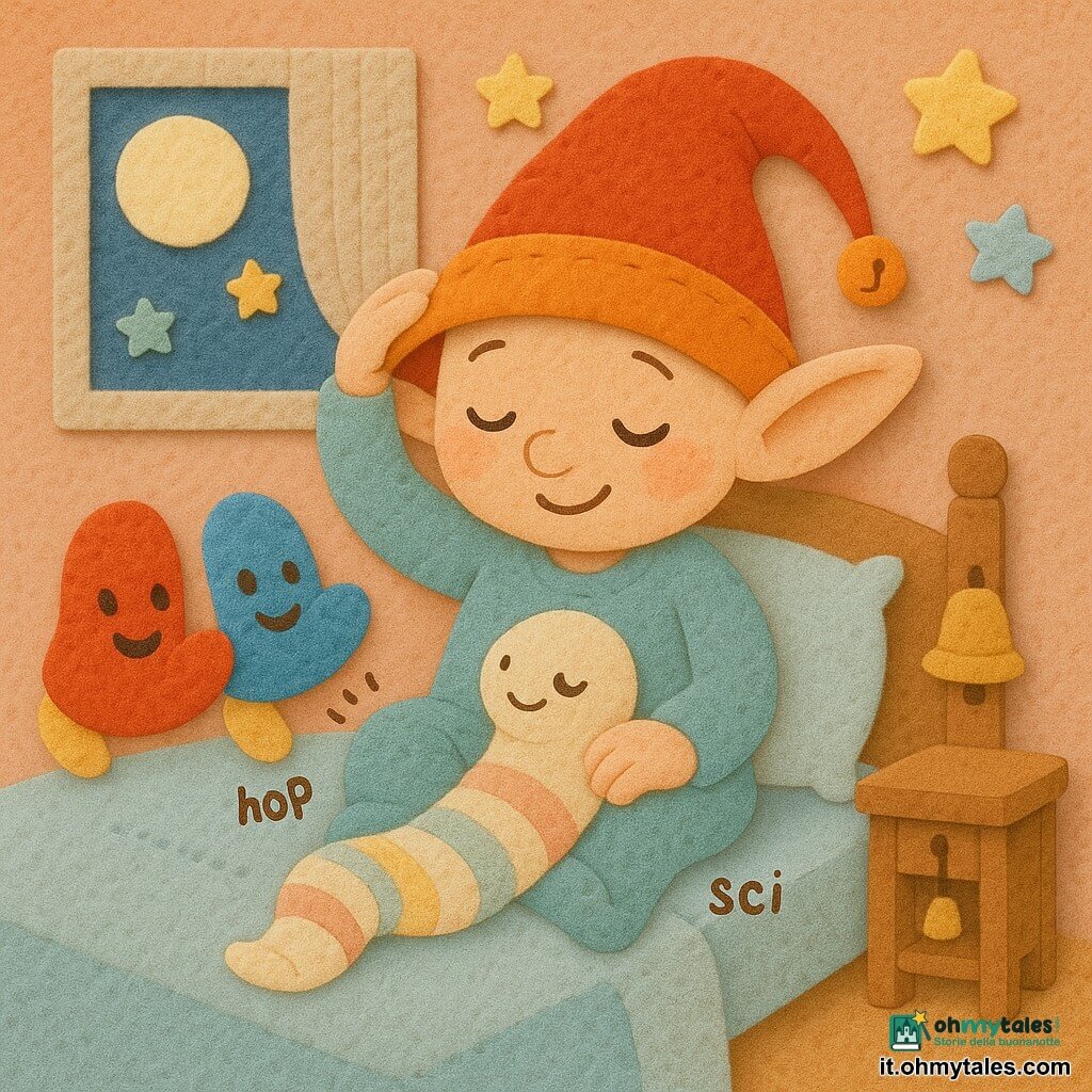 Zef, piccolo essere dalle lunghe orecchie e grande cappello a campana, viso rotondo, occhi socchiusi e sorriso dolce, è seduto su un letto morbido mentre si toglie delicatamente il cappello che tintinna; a sinistra due pantofole animate, piccole e paffute, colori vivaci, occhi rotondi felici, saltellano "hop hop"; a destra un calzino trasformato in lumaca, arrotolato e soffice, crema con righe pastello, scivola lentamente sul ventre di Zef facendo "sci-sci"; tavolino di legno chiaro con mini campanella metallica, luna rotonda alla finestra, tendina in tessuto goffrato e stelle di feltro sul muro; camera accogliente con texture di feltro visibili (cuciture apparenti, bordi ritagliati, superfici pelose), palette pastello calda; scena calma e giocosa al momento della nanna, personaggi vicini, composizione centrata, sagome semplici, atmosfera tenera e silenziosa; stile illustrativo tattile in feltro, forme arrotondate, contorni netti, luce morbida, vista leggermente dall'alto, formato quadrato.