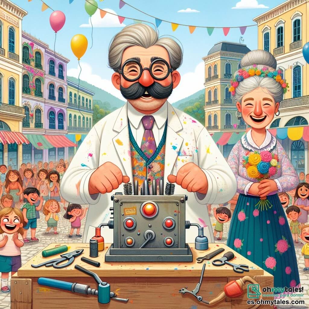 Don Manuel, un hombre de mediana edad con gafas redondas y un bigote en forma de cepillo, está en el centro de la imagen, sonriendo con entusiasmo mientras presenta su máquina de reír. Lleva una bata de laboratorio colorida, llena de manchas de pintura, y está rodeado de diversas herramientas y piezas de metal. A su derecha, Doña Clara, una mujer de unos cincuenta años con cabello canoso recogido en un moño, sostiene un ramo de flores coloridas y sonríe, animando a Don Manuel. Lleva un vestido floral y se encuentra cerca de una mesa decorada con flores, añadiendo un toque de alegría a la escena. La escena tiene lugar en una plaza animada, rodeada de edificios de fachadas coloridas, con niños y adultos reunidos alrededor de Don Manuel, todos riendo y aplaudiendo. Globos flotan en el cielo azul, y guirnaldas de flores decoran el espacio. La situación principal muestra a Don Manuel presionando el gran botón rojo de su máquina de reír, mientras pétalos de flores vuelan por los aires, provocando risas entre la multitud maravillada.