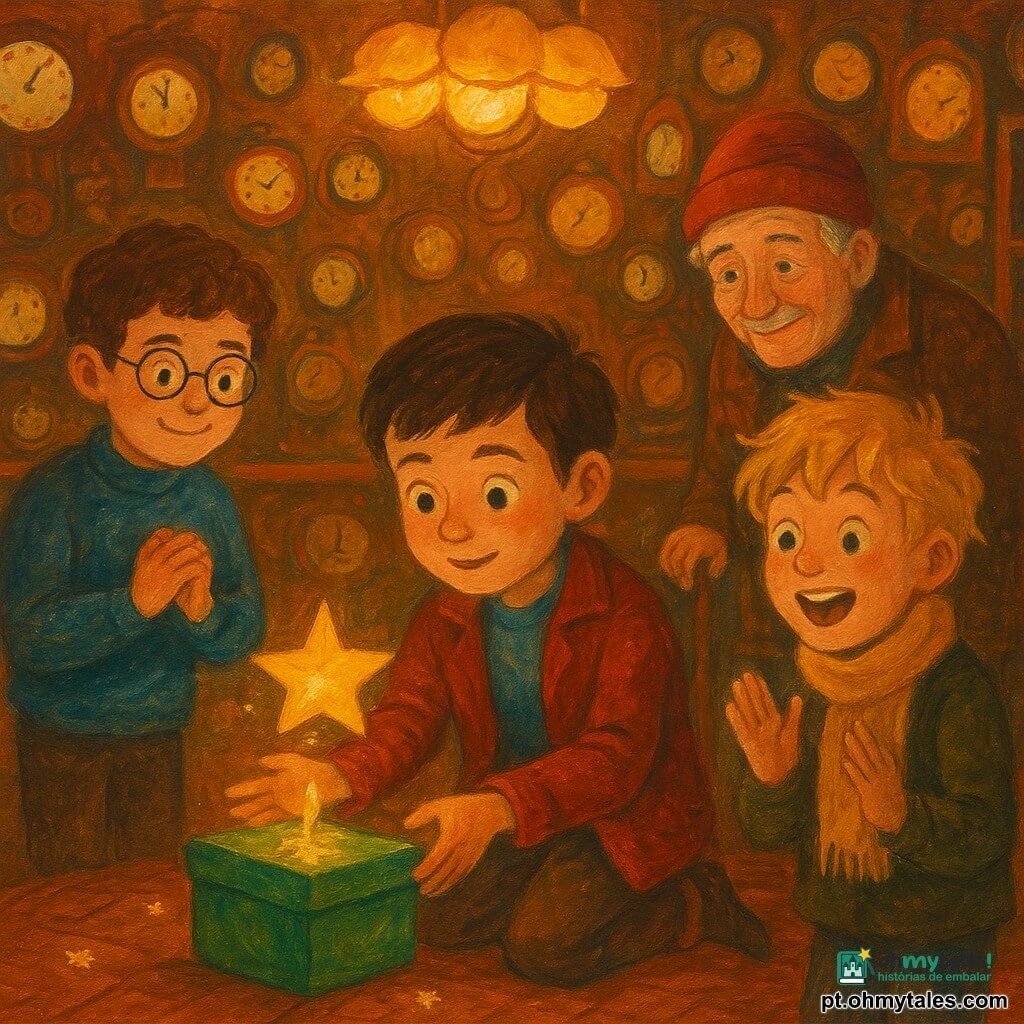 Há quatro personagens: Tomás (11 anos) de cabelos castanhos curtos, olhos curiosos e casaco vermelho gasto, agachado no centro a estender uma pequena estrela de papel para uma caixa verde sobre a mesa; Rafa (11 anos) de cabelos castanhos encaracolados e óculos redondos, à esquerda de Tomás, mãos juntas e sorriso tímido; Leo (10 anos) de cabelos loiros despenteados e lenço amarelo, à direita, em pé, boquiaberto e pronto para aplaudir; Alfredo, homem de cerca de 60 anos, cabelo grisalho, gorro vermelho e casaco marrom com bengala ao lado, ao fundo observando com benevolência. Lugar: uma grande sala redonda cheia de relógios sem ponteiros em prateleiras de madeira antigas, iluminação dourada suave e chão de parquet com pequenas estrelas luminosas. Cena principal: a caixa presente verde brilha com uma estrela animada e recua brincando; Tomás oferece respeitosamente uma estrela de papel, a caixa se acalma e salta suavemente para ele, criando uma atmosfera natalina mágica em tons quentes de vermelho, verde e dourado.