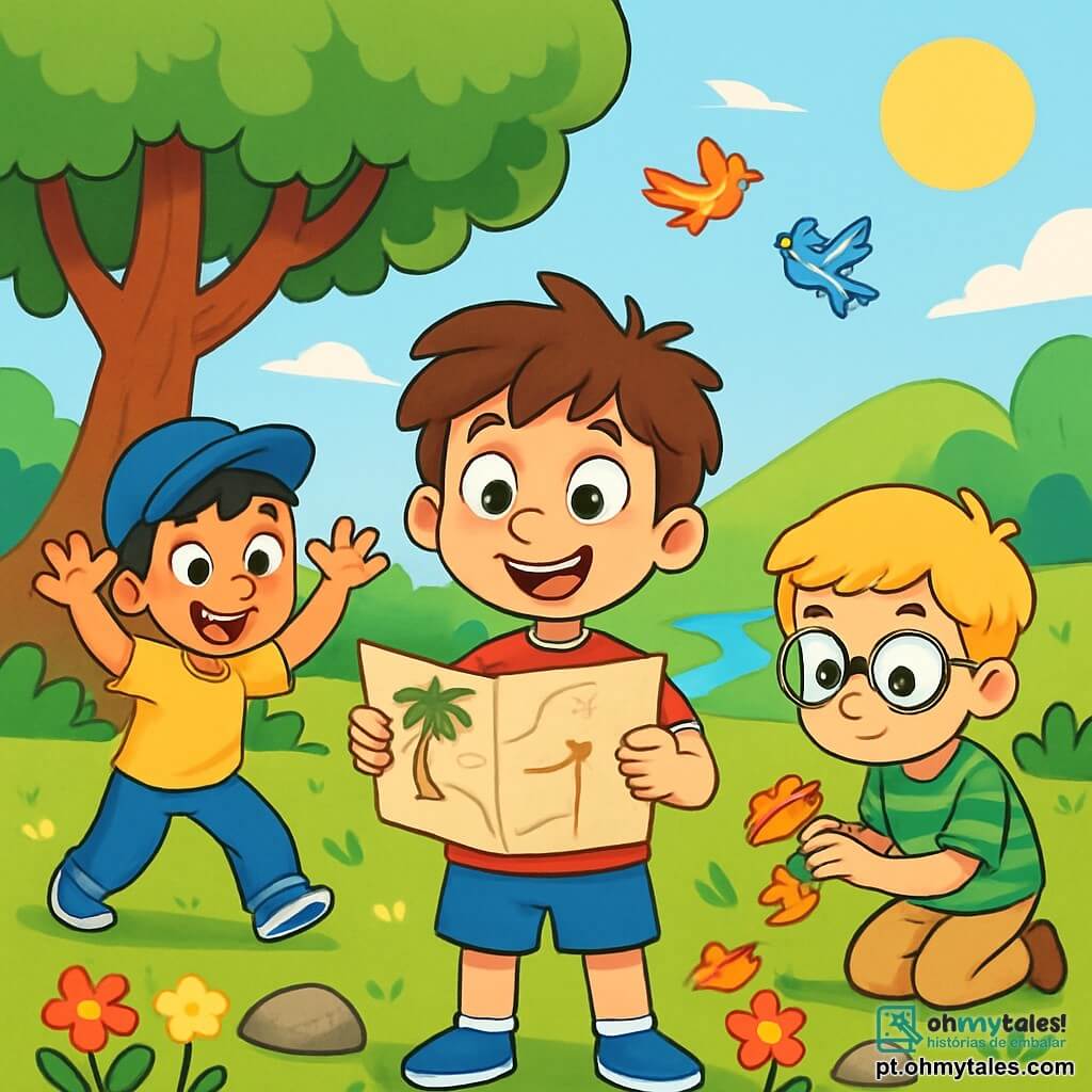 Há 3 personagens: - Miguel: Um garoto de 8 anos, com cabelos castanhos bagunçados e olhos brilhantes. Ele usa uma camiseta vermelha e um short azul, está no centro, sorrindo, com um mapa na mão, pronto para liderar a aventura. - João: Um garoto de 7 anos, com cabelos loiros e óculos redondos. Ele veste uma camisa listrada verde e uma calça bege, está um pouco afastado, pegando folhas espalhadas ao seu redor, com um ar curioso. - Pedro: Um garoto de 8 anos, com cabelos pretos e um boné azul. Ele usa uma camiseta amarela e jeans, está à esquerda de Miguel, fazendo de conta que é um monstro, com um grande sorriso e os braços abertos. O cenário é um parque ensolarado, cheio de grandes árvores com folhas verdes brilhantes, flores coloridas e uma colina suave. Ao longe, vê-se um pequeno riacho brilhando sob o sol e pássaros voando alegremente no céu azul. A cena principal mostra os três amigos em plena aventura, rindo e brincando ao redor da grande árvore, com um mapa desenhado à mão, prontos para descobrir um tesouro escondido. Eles estão cercados por pedras e flores, e a atmosfera é alegre e cheia de vida.