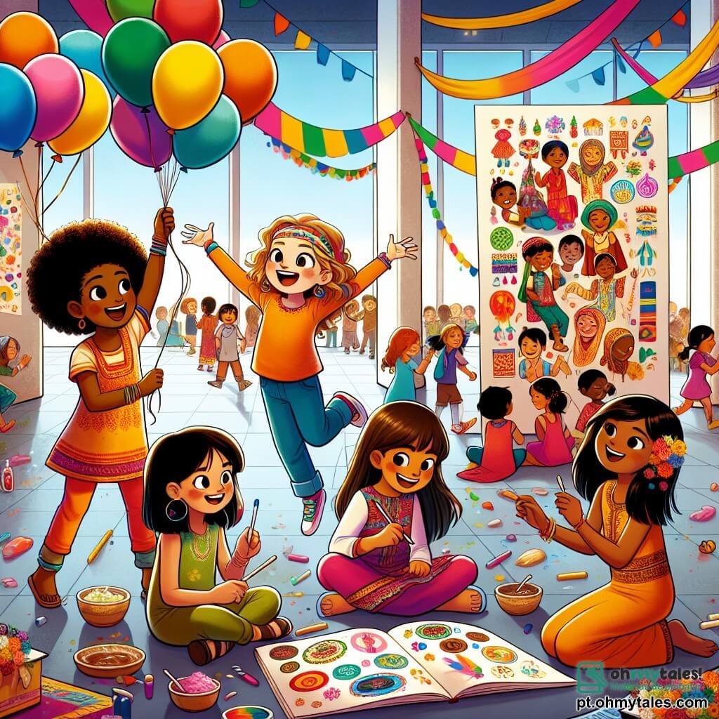 Em um centro cultural colorido, quatro amigas estão juntas, radiantes de alegria. Maria, uma menina de 10 anos com cabelos cacheados e um sorriso brilhante, decora o local com balões coloridos. Ao lado dela, Sofia, uma garotinha de 9 anos com cabelos curtos e pele clara, conta uma história a um grupo de crianças fascinadas. Ana, uma menina de 10 anos com pele morena e cabelos longos, está sentada no chão, desenhando um grande cartaz com símbolos de diferentes culturas. Por fim, Júlia, uma menina de 10 anos com cabelos lisos e pretos, dança alegremente no centro, envolvendo outras crianças em sua dança. O centro cultural é decorado com guirlandas coloridas e grandes cartazes ilustrando tradições do mundo todo. Mesas estão cheias de pratos típicos de diversas culturas, e crianças de todos os lugares riem e brincam juntas. A cena principal mostra as quatro amigas em ação: Maria pendurando balões, Sofia cativando seu público com uma história, Ana criando obras de arte e Júlia dançando, simbolizando a unidade e a celebração da diversidade.