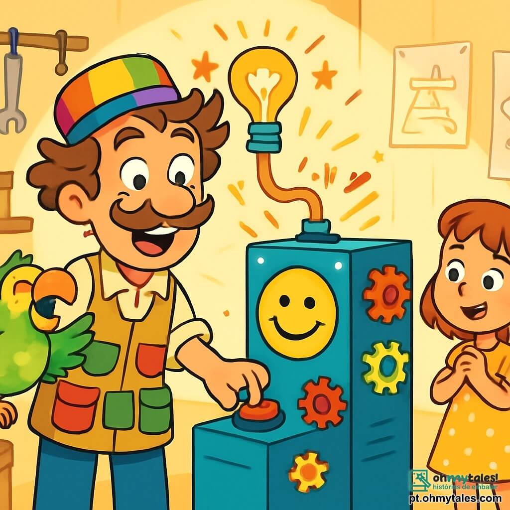 Um homem alegre, o Sr. Bigodes, com cabelos desgrenhados e um bigode enrolado, usa um chapéu colorido e um avental cheio de bolsos. Ele sorri com olhos brilhantes de excitação, em pé diante de sua máquina maluca. Ao lado dele, um papagaio colorido chamado Zuca, com penas verdes e amarelas, bate as asas rindo, acrescentando um toque de alegria à cena. Ao fundo, uma menina de 7 anos, vestindo um vestido amarelo com bolinhas, espera ansiosamente sua vez, com os olhos brilhando de curiosidade. O local é uma oficina iluminada, cheia de caixas de madeira, ferramentas brilhantes e desenhos pendurados nas paredes, onde se podem ver esboços de várias invenções. No centro, a máquina de sorrisos, uma grande caixa azul com molas coloridas e luzes cintilantes, está pronta para fazer sua mágica. A situação principal mostra o Sr. Bigodes pressionando um botão vermelho, desencadeando risadas e pulos de alegria, enquanto Zuca e a menina se preparam para uma experiência hilária e cheia de surpresas.