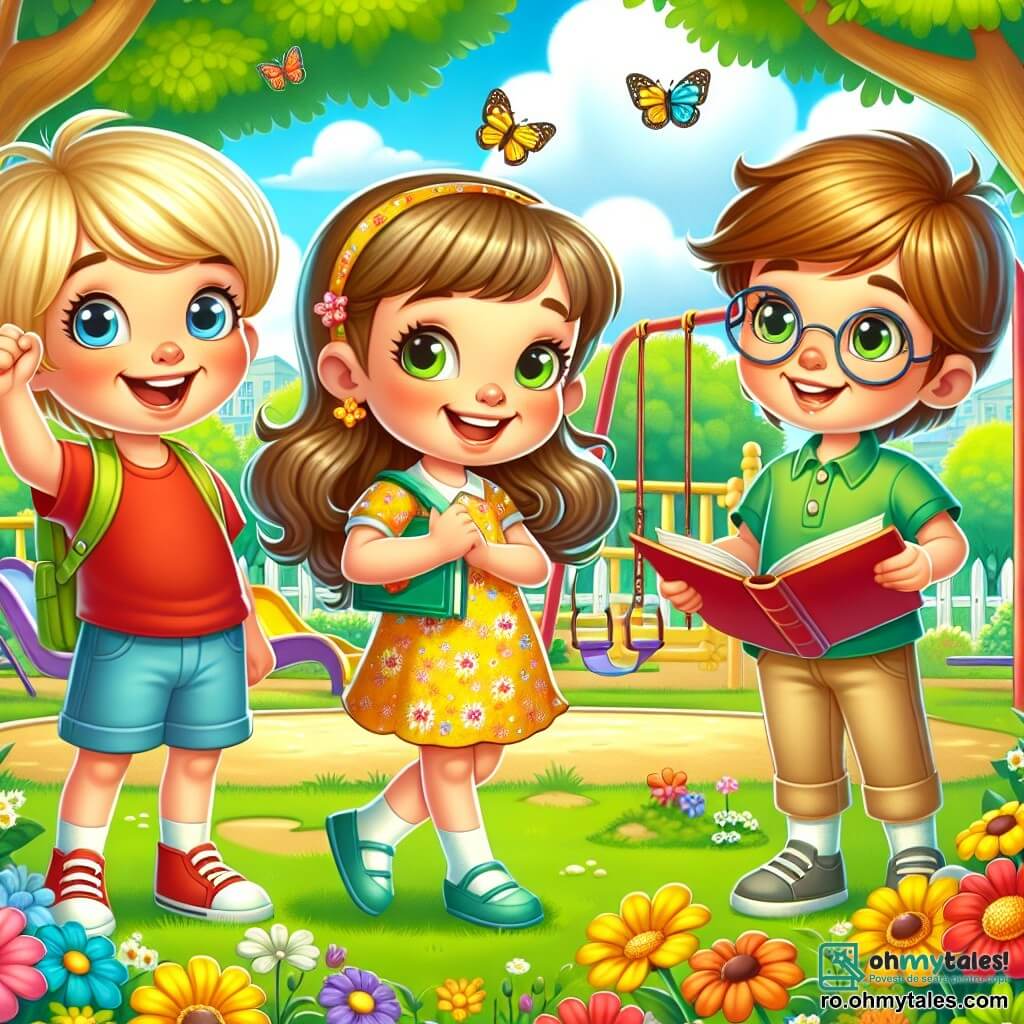 Într-un parc însorit, trei copii stau împreună, înconjurați de flori colorate și copaci verzi. Andrei, un băiat de șapte ani, are părul blond și ochi albastri, purtând un tricou roșu și pantaloni scurți albaștri, zâmbind cu brațele ridicate. Alina, o fetiță de șapte ani, are codițe brunete și ochi strălucitori, îmbrăcată într-o rochie cu flori galbene, ținând o carte deschisă și privindu-și prietenii cu entuziasm. Mihai, un băiat de șapte ani, are părul șaten și ochelari rotunzi, purtând o cămașă verde și pantaloni bej, stând puțin retras și ascultând-o pe Alina. Parcul este plin de râsete de copii, cu leagăne și un tobogan colorat în fundal, iar fluturii zboară în jurul lor. Alina, puțin anxioasă, le împărtășește prietenilor că a mințit-o pe mama ei despre teme, iar ceilalți copii o ascultă atent, pregătiți să o încurajeze și să-i ofere sfaturi despre importanța sincerității.