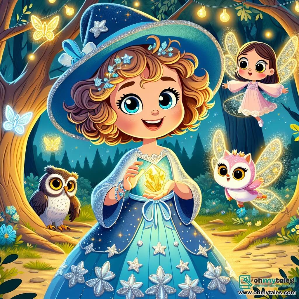 Amelia Twinkletoe, an eight-year-old apprentice witch, stands in the center of an enchanted clearing, her face lit with wonder. She wears a blue dress adorned with silver stars and a small pointed hat, her curly hair gently floating in the wind. In her hands, she holds the shining Crystal of Luminara, emitting a golden light that illuminates her joyful and determined face. Beside her, Oscar, a wise owl with shimmering feathers, observes proudly from a tree branch, his large round eyes shining with intelligence, ready to offer advice. Pippa, a small fairy with sparkling wings, flits around Amelia, her mischievous smile brightening her face. She has pink hair and wears a dress made of flower petals, adding a touch of magic to the scene. The clearing is surrounded by tall trees with gnarled trunks, their shiny leaves dancing in a gentle breeze. Colorful flowers blanket the ground, and fireflies sparkle in the air, creating a fairy-tale atmosphere. The main scene shows Amelia, Oscar, and Pippa celebrating their victory after retrieving the Crystal of Luminara, surrounded by a radiant light symbolizing their friendship and the magic of their adventure.