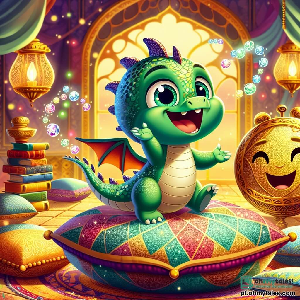 No centro da imagem, um adorável dragão chamado Pipoca, com escamas verdes brilhantes e olhos curiosos, dança alegremente em um grande travesseiro colorido, com um largo sorriso no rosto. Ao seu lado, um velho despertador sorridente chamado Tique-taque, com um corpo dourado e ponteiros que se movem como braços, marca o ritmo com entusiasmo, exibindo uma expressão alegre e travessa. Ao fundo, um ambiente acolhedor, cheio de livros com capas brilhantes, almofadas fofas e luzes suaves, cria uma atmosfera mágica. A cena mostra Pipoca e Tique-taque se divertindo juntos, cercados de almofadas dançantes, enquanto se envolvem em uma dança alegre, cheia de risadas e cores vibrantes.