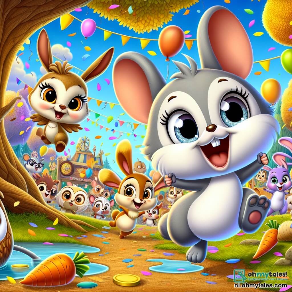 Max, de kleine grijze muis met een witte buik en grote sprankelende ogen, staat in het midden van de afbeelding, springend van blijdschap met een grote glimlach op zijn gezicht, omringd door kleurrijke confetti. Naast hem lacht Bella, het mooie konijn met grote oren en een bruine vacht, terwijl ze een gouden wortel vasthoudt, terwijl Ollie, de wijze uil met bruine veren en ronde ogen, de scène met een amusante glimlach observeert, zittend op een boomtak. De achtergrond bevindt zich in het vrolijke dorp Bontbosh, met een grote Ginkgo met gouden bladeren, kleurrijke ballonnen die in de lucht zweven en een menigte blije dieren op de achtergrond, allemaal klaar om deel te nemen aan de grote race. De scène vangt de opwinding van het moment waarop Max de start van de Gekste Wedloop aankondigt, met dieren die lachen en zich naar de eerste proef, een glibberige modderpoel, haasten onder een stralende blauwe lucht.