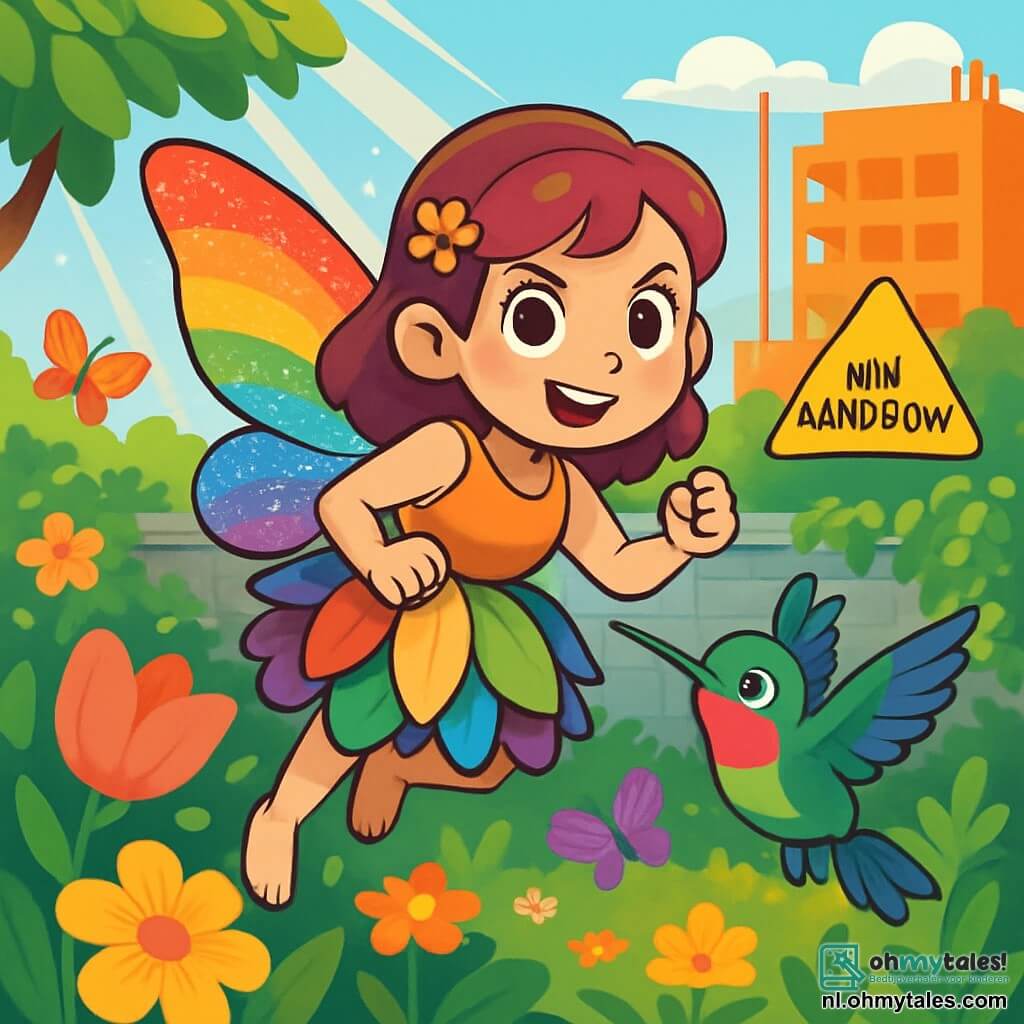Een kleine fee genaamd Lila, met glinsterende vleugels in regenboogkleuren, vliegt vrolijk boven een magische tuin. Haar ogen stralen van opwinding en haar stralende glimlach toont haar vastberadenheid om haar thuis te beschermen. Ze draagt een jurk van kleurrijke bloemblaadjes die om haar heen danst. Naast haar fladdert Zazu, een kolibrie met levendige veren, enthousiast met snel kloppende vleugels. Hij heeft een nieuwsgierige en vastberaden uitdrukking, klaar om Lila te helpen in haar zoektocht. De tuin is een betoverende plek, vol met stralende bloemen, fladderende vlinders en zonnestralen die door de bladeren van de bomen filteren. Op de achtergrond beschermt een hoge muur van met klimop bedekte stenen deze magische ruimte. De hoofdscène toont Lila en Zazu die zich voorbereiden om hun tuin te verdedigen tegen de bedreiging van een gebouw dat het zou kunnen verwoesten. Ze staan samen, vastberaden en verenigd, klaar om hun magie te gebruiken om hun kostbare toevluchtsoord te redden.