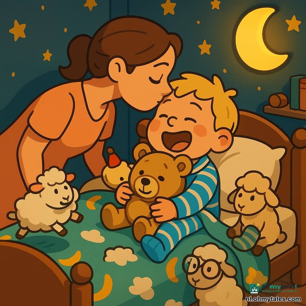 Een mollig 4-jarig blond jongetje in blauw-wit gestreepte pyjama lacht en gaapt in bed terwijl hij een grote beige teddy vasthoudt; zijn wangen zijn roze en zijn ogen half gesloten, naast hem staat zijn moeder van circa 30 met bruin haar en een perzikkleurige jurk die hem een kus op het voorhoofd geeft. Drie pluizige schaapjes springen zacht op het bed: een wit feest-schaapje met rood puntmutsje links op het kussen, een beige sok-schaap met te grote gestreepte sok op de deken rechts, en een lichtgrijs bril-schaapje bij het voeteneind dat toekijkt. De warme slaapkamer heeft een nachtblauwe muur met geschilderde sterren, een maanvormig nachtlampje met zacht geel licht, een kleurrijk deken met bananen en wolken en een houten plank met boeken en wat speelgoed; het bed veert licht mee in de rustige, amusante bedtijdscène.