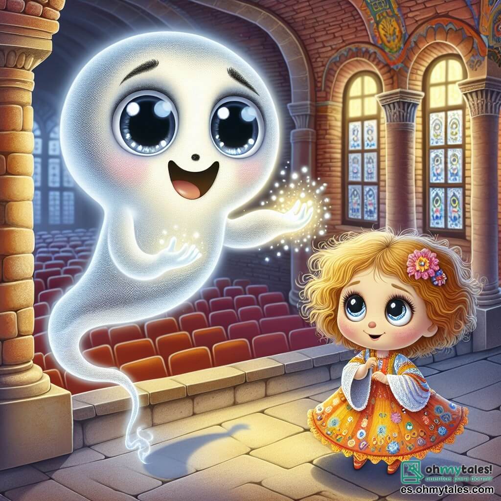 Un pequeño fantasma llamado Gaspar flota alegremente sobre el antiguo teatro, sus contornos translúcidos brillando con una suave luz plateada. Tiene grandes ojos redondos y brillantes, llenos de curiosidad, y una sonrisa cálida que ilumina su rostro etéreo. Sus brazos son delicados y ligeramente ondulados, como volutas de niebla, mientras extiende una mano hacia el Pergamino de Luz, que brilla intensamente en su palma. Cerca de allí, una niña de unos 10 años, con cabello rizado y dorado, observa con asombro. Lleva un vestido colorido adornado con motivos florales, y sus ojos brillan de fascinación. Se encuentra en el umbral del teatro, con los brazos cruzados, cautivada por la magia que se despliega ante ella. El teatro, con sus muros de ladrillo antiguo y grandes ventanas adornadas con vitrales coloridos, está envuelto en un aura mística. Luces centelleantes bailan alrededor del escenario, mientras sombras de bailarines etéreos se mueven graciosamente, creando una atmósfera de ensueño. La escena principal muestra a Gaspar, el fantasma, usando el Pergamino de Luz para revelar la magia oculta del teatro, cautivando a la niña y transformando el lugar en un espectáculo encantador, donde los sueños y la realidad se encuentran.