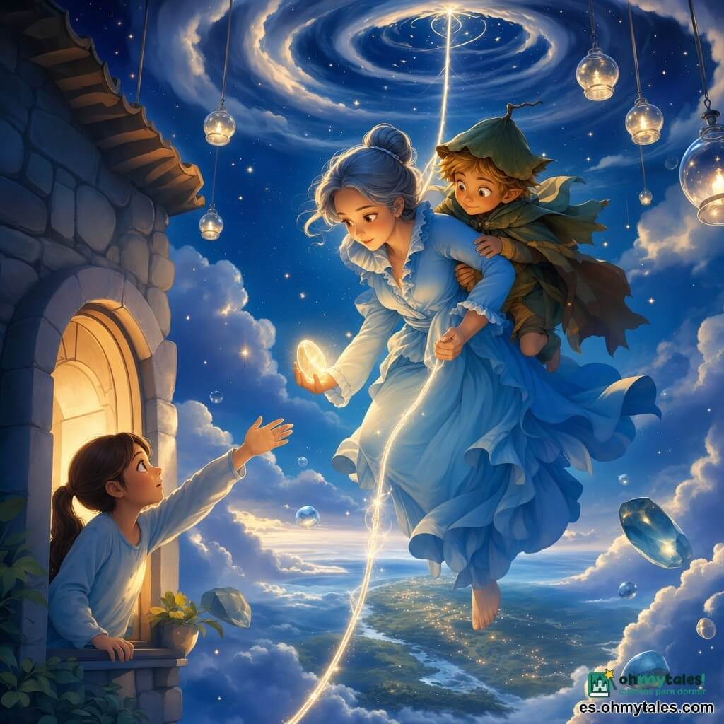 Una mujer, Elvira, rostro sereno y decidido, cabello gris azulado en moño, vestido largo azul claro, desciende con cautela por un hilo de luz sosteniendo una pequeña chispa ovalada llamada Nara; tras ella, Brin, un niño peludo tipo duende de unos 10 años con sombrero de hoja y capa remendada, se agarra a su brazo y mira abajo con curiosidad; abajo, en el pueblo, Marina, 12 años, coleta castaña y pijama sencillo, está en la ventana de una casa de piedra y extiende la mano hacia el cielo; el lugar es el Nudo del Hilo, una clara en el cielo con un gran hilo de luz que baja hacia la Tierra, linternas de vidrio colgantes, nubes algodonosas, piedras de mármol translúcidas y pequeñas estrellas flotantes; la chispa Nara brilla más fuerte mientras el hilo se cura, ambiente nocturno suave en tonos azules y dorados con contrastes luminosos.
