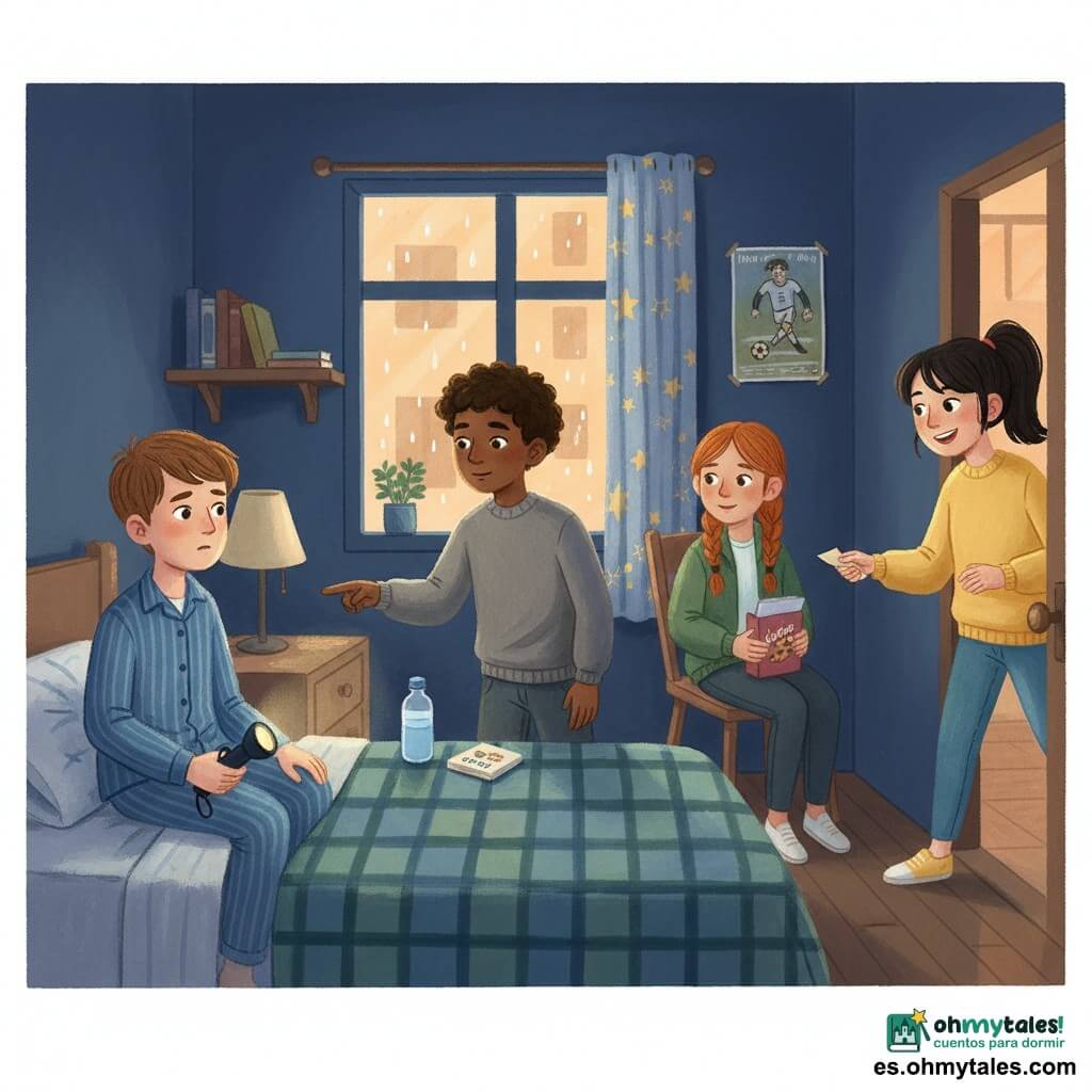 Hay cuatro niños: Nico (11 años), cabello castaño corto, pijama azul a rayas, sentado al borde de la cama a la izquierda con una linterna pequeña apagada sobre la manta; Valeria (11 años), cabello negro en coleta, sudadera amarilla, de pie junto a la puerta a la derecha sonriendo y entregando una nota doblada; Marta (11 años), cabello pelirrojo trenzado, chaqueta verde, sentada en una silla al fondo a la derecha sosteniendo una caja de galletas abierta; e Ibrahim (12 años), cabello rizado, suéter gris, mostrando un pequeño kit nocturno (linterna, botella de agua, cuaderno) sobre la mesita, delante y a la derecha de la cama. Habitación infantil vista desde arriba con paredes azul noche, ventana con gotas de lluvia y cortina entreabierta, estantería de madera con libros y un póster de fútbol arrugado, manta a cuadros y luz suave de la calle filtrándose; escena cálida y tranquila donde los cuatro ayudan a Nico a superar el miedo a la oscuridad, gestos de apoyo, pinceladas visibles y paleta de azules profundos, amarillos suaves y verdes cálidos.