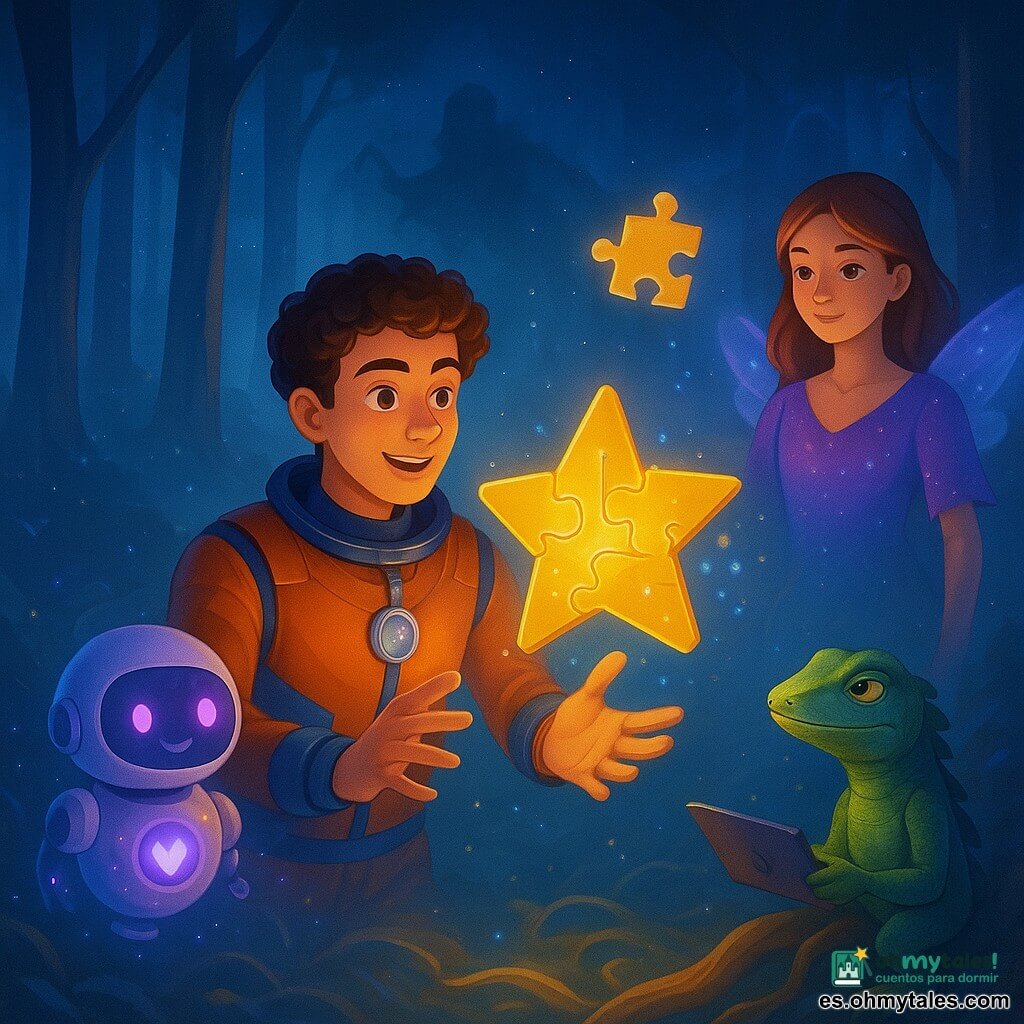 Un hombre, León, decidido y maravillado, pelo rizado, con una lupa de cristal lunar al cuello y traje de explorador espacial cobre y azul, extiende la mano hacia una pieza dorada flotante de un rompecabezas en forma de estrella; Zeta, un robot pequeño y redondo con núcleo de cuarzo y LED violetas, flota a la izquierda calculando con glifos luminosos; Mira, chica de unos 13 años con vestido violeta brillante y alas de luz sugeridas, sostiene un halo claro alrededor de piezas ocultas detrás a la derecha; Rocco, un lagarto parlante de escamas verde esmeralda y mirada astuta, pilota una pequeña tableta de navegación desde una raíz brillante en el fondo; todo en una clareira de bosque con troncos espejo, raíces luminosas en espiral, bruma plateada y partículas estelares, mientras resuelven colectivamente un gran rompecabezas estelar dorado cuyas piezas encajan con destellos azulados y un espectro de humo oscuro se disipa, iluminación dramática centrada en León, ambiente mágico de contrastes cálidos dorados y azules suaves.