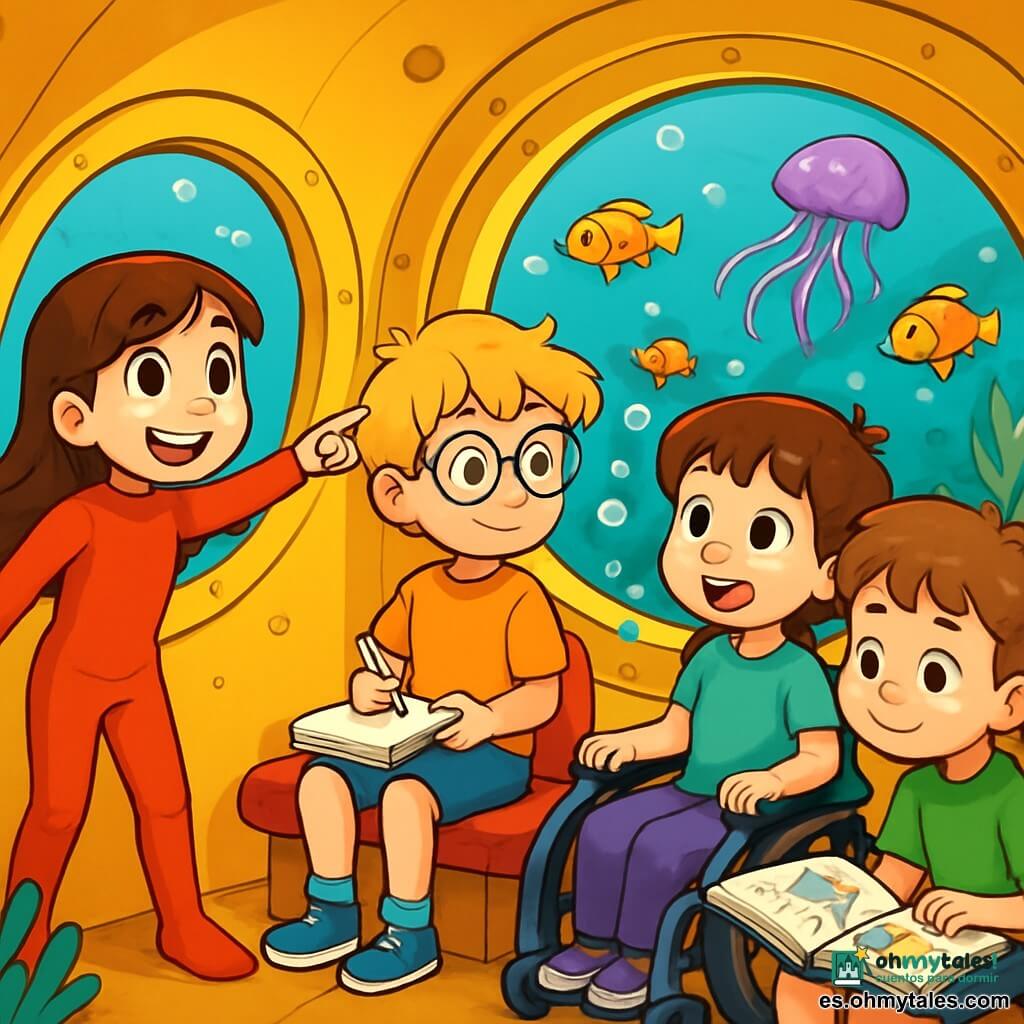 Hay 4 niños: - Lucía: niña de 9 años, con largos cabellos castaños y ojos brillantes. Lleva un traje de baño rojo y está de pie, señalando hacia el exterior del submarino con una gran sonrisa. - Andrés: niño de 10 años, con gafas redondas y cabello rubio despeinado. Está sentado en un banco, sosteniendo un cuaderno y un lápiz, listo para dibujar las maravillas submarinas. - Sofía: niña de 8 años, con cabello corto y un hermoso flequillo. Está en su silla de ruedas, rodeada de burbujas, mirando con asombro a través de la ventana del submarino. - Mateo: niño de 9 años, con cabello castaño y pecas. Está inclinado sobre un libro sobre animales marinos, sentado al lado de Sofía, compartiendo sus descubrimientos. La escena principal tiene lugar en un submarino amarillo brillante, sumergido en un océano turquesa. A través de las grandes ventanas, se pueden ver corales coloridos, peces con escamas brillantes y medusas flotantes que iluminan el agua con un suave y mágico resplandor. Los niños están maravillados, descubriendo un fascinante mundo submarino, listos para vivir una increíble aventura en el corazón del océano.