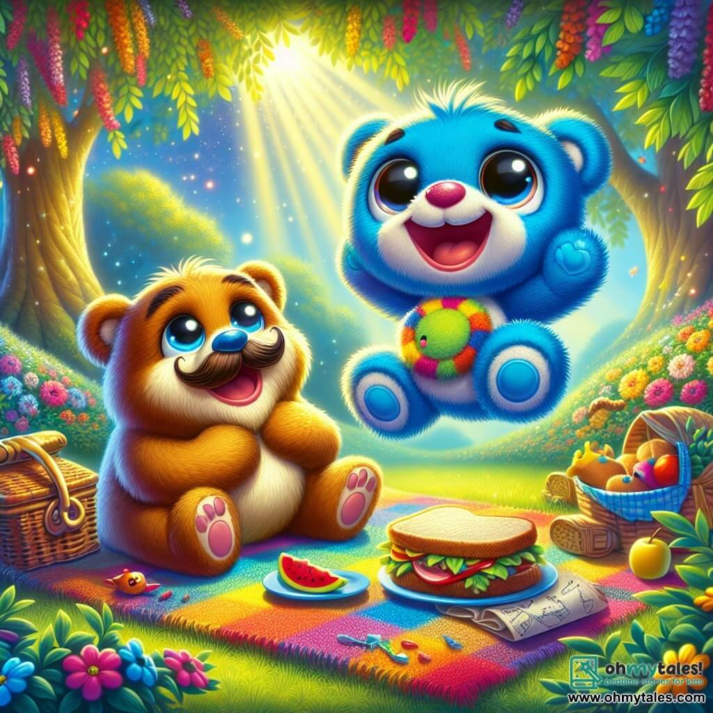 Fuzzle, a small bright blue plush character with round sparkling eyes, is joyfully jumping on a colorful picnic blanket, a big smile on his face. He holds a treasure map in his little paws, overflowing with excitement for Father's Day. Next to him, Papa Fuzzle, an adorable brown plush character with soft fur and funny whiskers, looks at Fuzzle with a warm smile, his eyes shining with pride and happiness. He is sitting on the blanket, ready to enjoy a delicious sandwich. The setting is an enchanting garden filled with colorful flowers dancing in the wind, large trees with bright green leaves, and a gentle ray of sunshine illuminating the scene, creating a joyful and festive atmosphere. The main situation shows Fuzzle and Papa Fuzzle celebrating Father's Day with a surprise picnic, surrounded by laughter and happiness, ready to enjoy treats while sharing precious moments together.