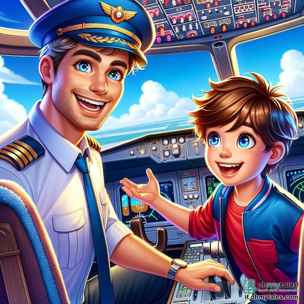 Un uomo, il pilota Marco, si trova nella cabina di un grande aereo, con un ampio sorriso pieno di eccitazione. Indossa una uniforme blu brillante, un cappello con un distintivo dorato e ha i capelli castani leggermente ondulati. I suoi occhi brillano di entusiasmo mentre mostra i comandi dell'aereo a un giovane ragazzo. Luca, un bambino di 10 anni con capelli castani e occhi vivaci, è seduto accanto a Marco, con le mani sui comandi, meravigliato da tutto ciò che vede. Indossa una maglietta rossa e pantaloni corti, e il suo viso esprime grande curiosità. La scena si svolge nella cabina di un cockpit moderno, con schermi luminosi, pulsanti colorati e panorami di nuvole bianche e cielo blu attraverso il parabrezza. Marco spiega con passione il funzionamento dell'aereo, mentre Luca lo ascolta attentamente, con gli occhi spalancati, pronto a vivere un'avventura incredibile nei cieli.