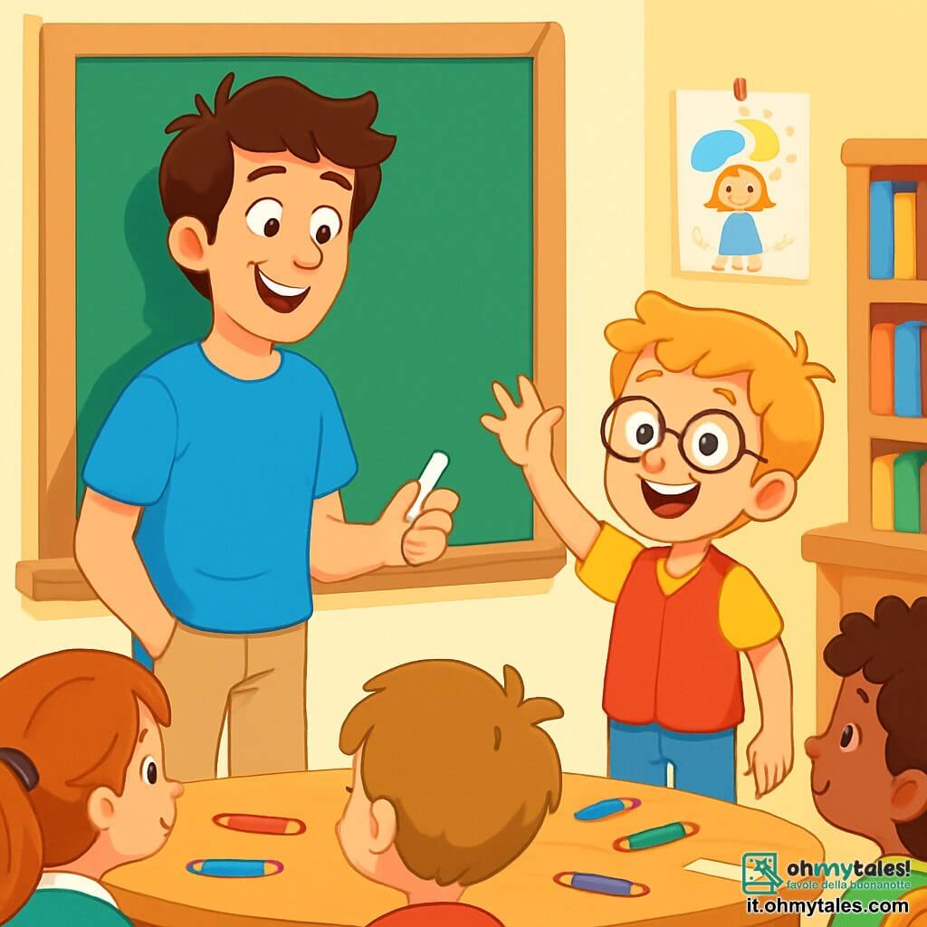 Un uomo, Matteo, è in piedi davanti a una grande lavagna, sorridente con occhi scintillanti e capelli castani disordinati. Indossa una maglietta blu brillante e pantaloni beige, tenendo un gessetto nella mano destra, pronto a scrivere. Accanto a lui, Tommaso, un ragazzo di 7 anni con occhiali tondi e capelli biondi, alza la mano con entusiasmo, gli occhi brillanti di eccitazione. Indossa un gilet rosso e pantaloni di jeans. La scena si svolge in un'aula luminosa, con pareti decorate da disegni di bambini e scaffali pieni di libri colorati. I tavoli di legno sono disposti in cerchio, e matite colorate sono sparse sui tavoli. Matteo e Tommaso sono circondati da altri bambini che ascoltano attentamente, impazienti di scoprire la nuova attività. L'atmosfera è gioiosa e vivace, piena di energia e curiosità, mentre Matteo si prepara a condividere una storia affascinante sui vulcani.