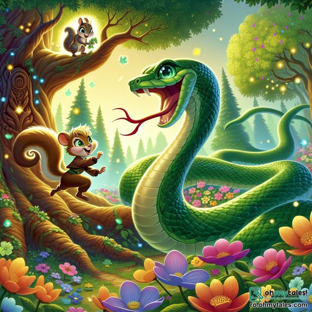 Un șarpe pe nume Serpentin, cu solzi verzi strălucitori și ochi în formă de smarald, se strecoară vesel printre florile colorate ale pădurii, afișând un zâmbet larg de excitație. Lângă el, o veveriță mică pe nume Trixie, cu blană maro auriu și o coadă pufoasă, sare din ramură în ramură, cu ochii strălucind de entuziasm, căutând să-l ajute în căutarea sa. Scena se desfășoară într-o pădure fermecată, unde copacii sunt înalți și măreți, frunzele lor strălucind sub soare, iar florile cântătoare în culori vii înfloresc în jurul lor. În centrul ilustrației, Serpentin și Trixie se îndreaptă spre un copac mare și vechi, de unde o lumină misterioasă emana, anunțând aventura care îi așteaptă.
