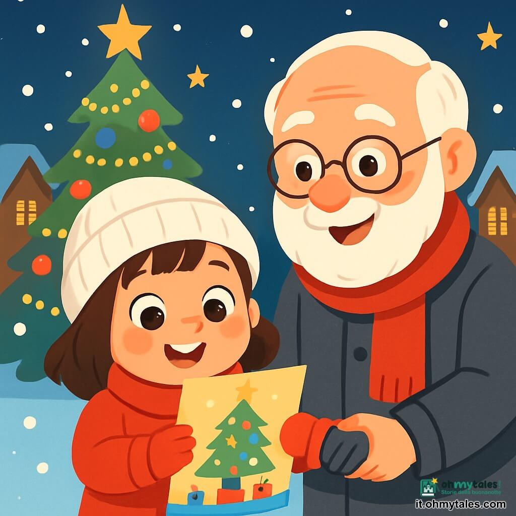 Una bambina di 4 anni, con grandi occhi brillanti e guance rosa, sorride gioiosamente tenendo in mano una cartolina colorata. Indossa un cappotto rosso vivo, un berretto di lana bianco e guanti abbinati, circondata da fiocchi di neve che cadono dolcemente intorno a lei. Accanto a lei, un nonno di circa 70 anni, con barba bianca e occhiali rotondi, sorride affettuosamente. Indossa un cappotto di lana grigio e una sciarpa rossa, tenendo la mano della bambina mentre guarda la cartolina con meraviglia. La scena si svolge in una deliziosa piazza di un villaggio, dove un grande albero di Natale brilla con mille luci e palline colorate. Case di legno con tetti innevati circondano la piazza, e stelle scintillanti illuminano il cielo notturno. La bambina, piena di eccitazione, scopre una cartolina magica che sembra parlarle, mentre il nonno la incoraggia ad ascoltare le storie che contiene. La neve continua a cadere, creando un'atmosfera dolce e incantata, piena di gioia e calore.