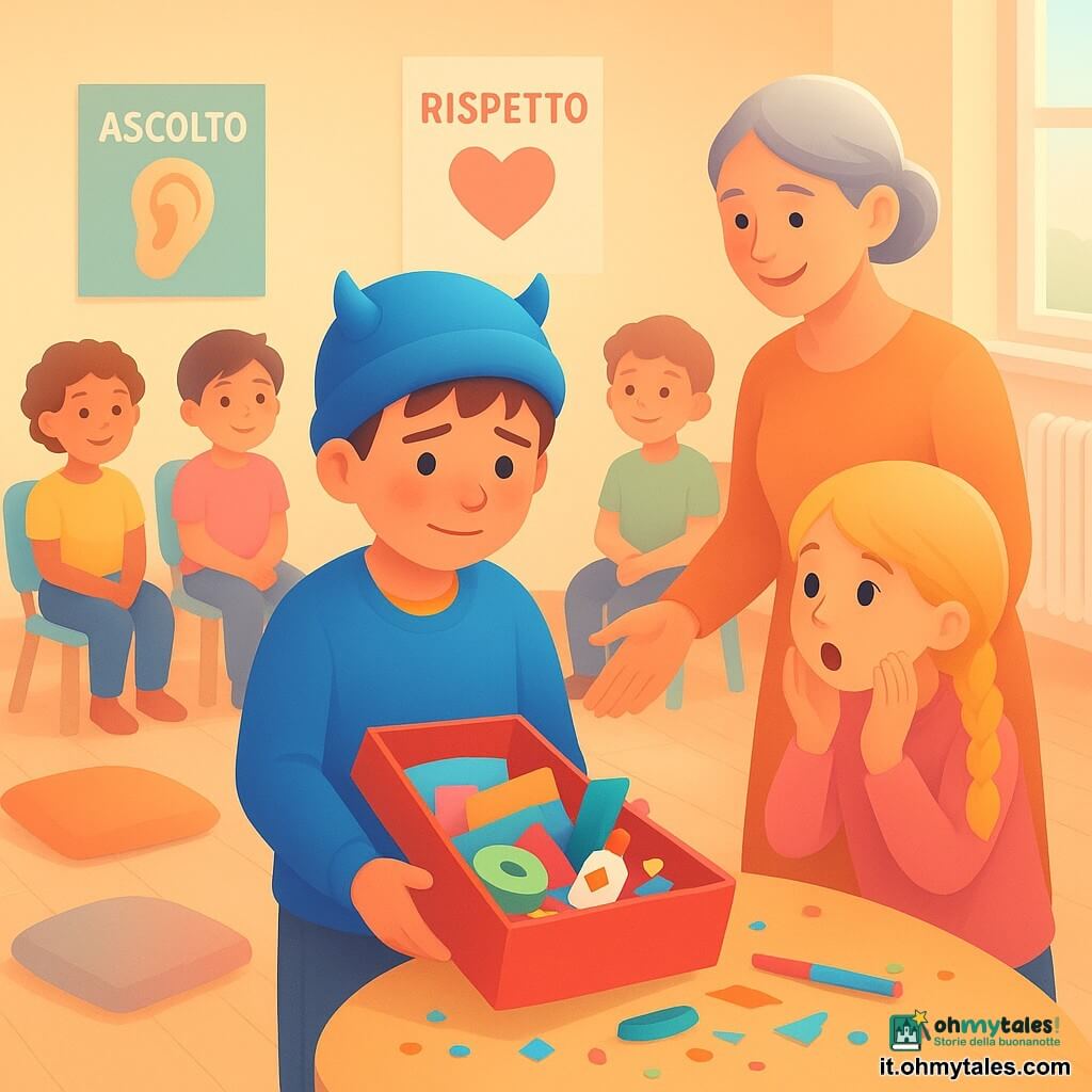 Bambino di 8 anni (Nino) con berretto blu e due piccole corna quasi nascoste, volto arrossato e sollevato, postura timida ma dritta, tiene una scatola rossa aperta verso il basso; donna adulta (signora Elena) ~40 anni, capelli grigio platino raccolti, sorriso dolce, mani aperte in ascolto, accanto a Nino; bambino curioso (Luca) capelli castani spettinati, occhi vivaci, braccia incrociate e sorriso stupito, leggermente a sinistra; ragazza sorpresa (Marta) treccia bionda, bocca socchiusa e mani vicino al viso, china verso la scatola a destra; gruppo di bambini seduti in cerchio sullo sfondo con espressioni di interesse e divertimento, sedie di legno color pastello; aula di catechismo calda con pavimento in parquet chiaro, poster "Ascolto" e "Rispetto", tavolino con pennarelli, cuscini e termosifone sotto la finestra; la scatola aperta mostra materiali colorati (cartoncini, colla, nastri, bigliettini), confetti sparsi; luce solare tenue, palette pastello calde con accenti rossi, contrasti netti e bordi arrotondati, emozione dominante di riparazione e onestà sui volti.