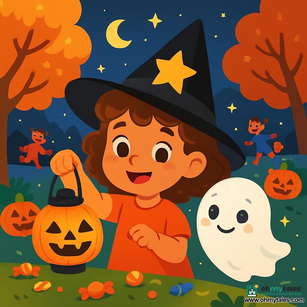 A 6-year-old girl named Lila, with curly brown hair and sparkling curious eyes, wears a black paper witch hat adorned with a golden star. She smiles in wonder, holding a small pumpkin-shaped lantern that lights up her joyful face. Beside her is a little ghost named Pip, floating and fluffy like a cloud, with round shiny eyes and a shy smile. He is surrounded by a subtle shimmering glow, showing he feels braver. The setting is a Halloween park, with trees adorned in orange and golden leaves, grinning pumpkins on lawns, and twinkling stars in a deep night sky. Children in colorful costumes run in the background, laughing and playing, adding to the festive atmosphere. The scene captures Lila and Pip sharing a magical moment, laughing together amidst Halloween decorations and scattered candies, creating a joyful and friendly ambiance.
