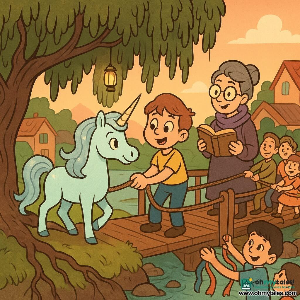 Pebble, a happy, attentive unicorn with pale pearly blue coat, wavy silver mane that glimmers like moonthreads and a short glowing horn, sniffs the air and places a protective hoof by an old willow; Milo, a round-faced, wide-eyed 10-year-old boy with tousled chestnut hair, stands beside her holding a rescue rope and touching the willow root; Lira, a ~45-year-old librarian with round glasses, a purple scarf and a gentle smile, stands on a wooden footbridge behind Milo holding a small open ancient book and giving instructions; neighbors of all ages, warm and smiling, pull ropes in a line along the bridge while some children offer colorful ribbons to the willow; the scene is set on an old wooden bridge over a wide river meander with hanging lanterns, colorful shuttered houses, a large drooping willow whose branches touch the water, green moss on stones and a peach-toned dusk sky as the community unites to support and lift a heavy willow branch in a cooperative, softly lit moment of solidarity.