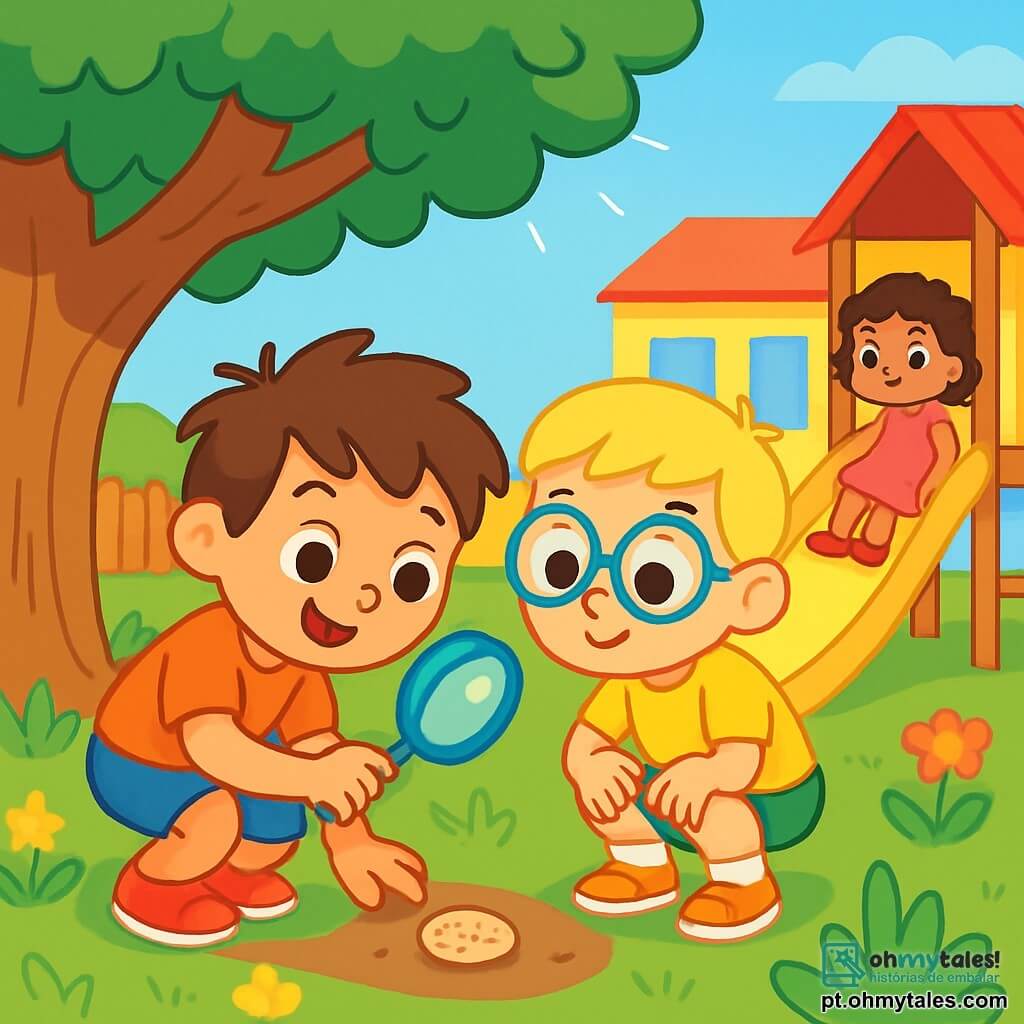 Um menino de 4 anos, chamado Rafa, com cabelos castanhos bagunçados e um grande sorriso curioso, está agachado sob uma árvore, segurando uma lupa de plástico. Seus olhos brilham de excitação enquanto ele procura pistas. Ao lado dele, Léo, um menino de 4 anos com cabelos loiros e óculos redondos, observa atentamente o chão, com as mãos nos joelhos, pronto para ajudar o amigo. Um pouco mais longe, Tati, uma menina de 4 anos com cabelos cacheados e um vestido rosa, balança em um escorregador, lançando um olhar intrigado para Rafa e Léo. O local é um pátio escolar colorido, com brinquedos de madeira, flores vibrantes e uma grande árvore frondosa que oferece sombra. A cena principal mostra Rafa e seus amigos em plena investigação, procurando biscoitos perdidos, cercados por folhas verdes e raios de sol filtrando através dos galhos.