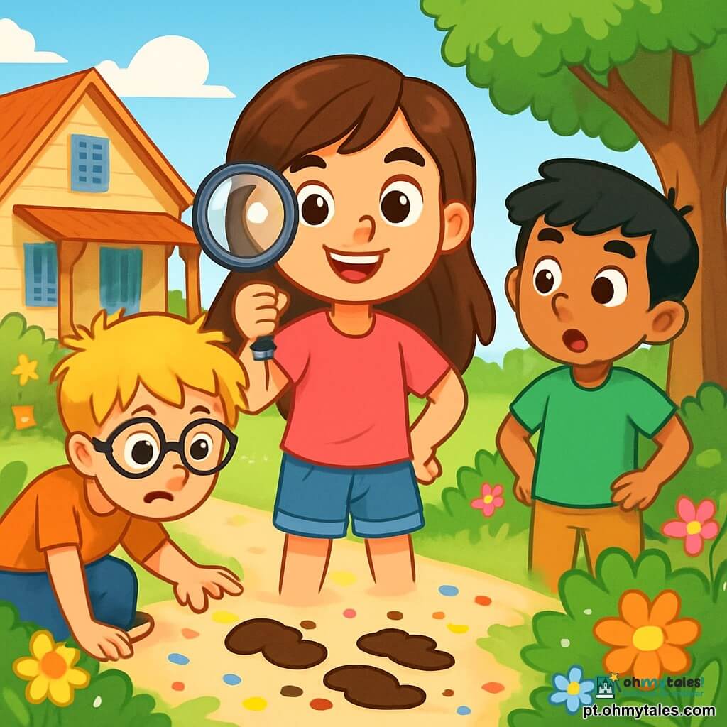 Uma menina de 8 anos, com longos cabelos castanhos e olhos brilhantes de curiosidade, está no centro da imagem. Ela usa uma camiseta rosa e um short jeans, segurando uma lupa na mão direita, com uma expressão determinada e alegre. Ao seu lado, um menino de 9 anos, com cabelos loiros bagunçados e óculos, examina uma marca de chocolate no chão, parecendo perplexo. Outro menino de 7 anos, com cabelos negros e uma camiseta verde, escuta atentamente, com as mãos na cintura, pronto para dar uma ideia. O cenário é um jardim ensolarado, cheio de flores coloridas e uma grande árvore com folhas verdes. Ao fundo, uma casa acolhedora com janelas azuis e uma varanda de madeira. A cena principal mostra os jovens investigadores em ação, procurando pistas para encontrar o bolo desaparecido, com marcas de chocolate no chão e confetes espalhados ao redor.