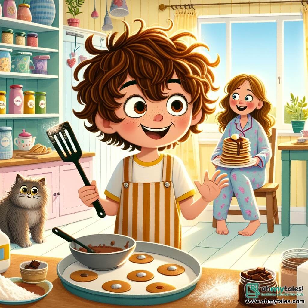 An 8-year-old boy, Timmy, with curly golden hair and sparkling eyes, stands in a sunny kitchen surrounded by flour and chocolate, smiling broadly. He is preparing a surprise breakfast for his mom, holding a spatula in one hand and a stack of golden pancakes in the other. His mom, a woman in her thirties with wavy brown hair, sits in a chair, eyes wide with surprise and happiness as she discovers the breakfast he has made. She wears a colorful pajamas and a radiant smile, ready to enjoy the pancakes. The kitchen is bright and welcoming, with sunlight streaming through the windows, illuminating the pastel yellow walls and shelves filled with jars of jam and colorful mugs. A gray cat, Whiskers, sits on the floor, looking curious with a little flour on his nose. The scene shows Timmy, proud and excited, presenting his surprise breakfast to his mom, creating a magical moment filled with love and joy for Mother's Day.