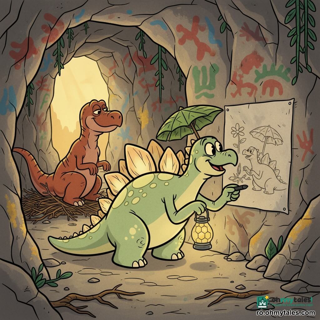 Un stegosaur vesel și inventiv, cu plăci dorsale ca niște ferestre strălucitoare, piele verde pal cu pete crem, ținând o lampă mică din fagure fosil și desenând la cărbune pe un perete de piatră, iar lângă el stă un allosaur calm, mai mare, musculos, brun-roșcat, cu o cicatrice veche la laba din față, care îl privește liniștit; scena are loc într-o mare „Peșteră Pictată” cu pereți de piatră rugoasă acoperiți de picturi rupestre roșii, verzi și albastre, licheni aurii sclipind și raze de lumină filtrând printr-o intrare îngustă, în timp ce cei doi, adăpostiți și înconjurați de căldură și lumină, împărtășesc un moment de complicitate: stegosaurul desenează un mic tablou cu ei doi și o floare între ei.