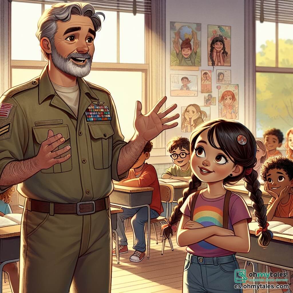 Un hombre de mediana edad, con cabello canoso y una expresión cálida en el rostro, está de pie frente a una clase de niños. Lleva un uniforme militar, ligeramente desgastado, que evoca su pasado como soldado. Sonríe mientras cuenta una historia, gesticulando con pasión para captar la atención de los niños. A su lado, una niña de 10 años, con trenzas y ojos brillantes, levanta la mano con curiosidad, lista para hacer una pregunta. Ella lleva una camiseta colorida y jeans, y está de pie sobre una silla para ver mejor. Detrás de ellos, un niño de 9 años, con gafas y una sonrisa tímida, escucha atentamente, sentado en su escritorio, rodeado de compañeros que comparten su entusiasmo. La escena tiene lugar en un aula luminosa, con paredes decoradas con dibujos de niños sobre la paz, ventanas que dejan entrar la luz del sol y pupitres de madera bien organizados. La situación principal muestra al hombre compartiendo historias de su pasado militar con los niños, que están cautivados y comprometidos, ilustrando la importancia de la paz y la comprensión entre las personas.