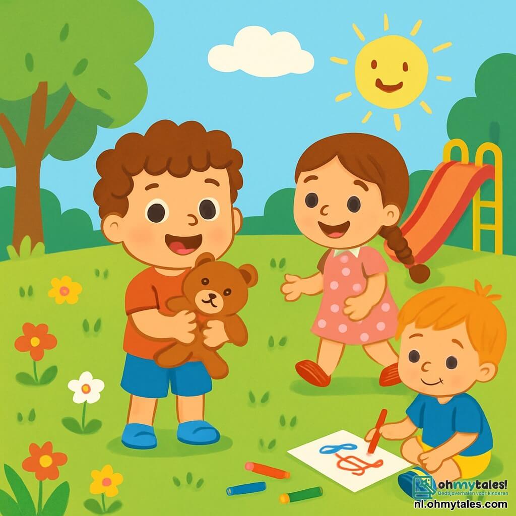 Een jongetje van 2 jaar, met krullend haar en nieuwsgierige ogen, houdt een zachte knuffel in zijn armen. Hij glimlacht enthousiast, staande in het midden van een zonnig park. Naast hem komt een meisje van 3 jaar, met lange vlechten en een roze stippenjurk, met een grote glimlach dichterbij, klaar om te spelen. Een andere jongen van 4 jaar, gekleed in een blauwe t-shirt en een gele short, zit op het gras te tekenen met kleurpotloden. Het park is gevuld met kleurrijke bloemen, groene bomen en een grote rode glijbaan die onder de zon glinstert. Het gelach van de kinderen weerklinkt in de vrolijke lucht. In deze scène ontmoet het jongetje zijn nieuwe vrienden, die allemaal enthousiast zijn om samen te spelen en te lachen.