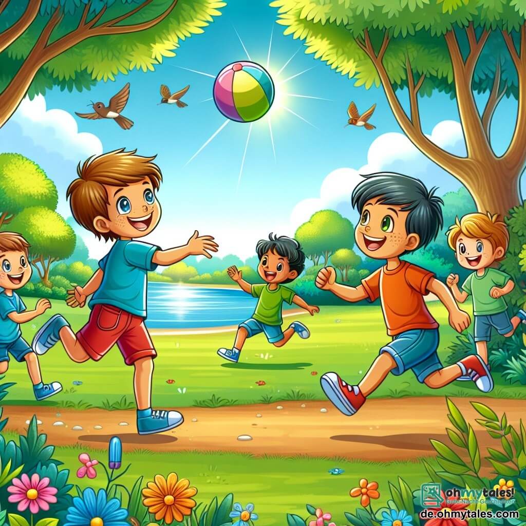 In einem großen sonnigen Park spielen vier Kinder zusammen. Max, ein 8-jähriger Junge mit braunen Haaren und einer Brille, trägt ein blaues T-Shirt und rote Shorts. Er wirft einen bunten Ball zu seinen Freunden. Paul, ein 7-jähriger Junge mit blonden Haaren und Sommersprossen, trägt ein grünes T-Shirt und Jeans. Er lacht, während er auf den Ball zuläuft. Leo, ein 9-jähriger Junge mit schwarzen Haaren und dunkler Haut, trägt ein oranges T-Shirt und blaue Shorts. Er springt, um den Ball zu fangen. Schließlich trägt Sam, ein 8-jähriger Junge mit kastanienbraunen Haaren und heller Haut, ein großes rotes Oberteil und abgetragene Schuhe. Er lächelt fröhlich, während er seine neuen Freunde ansieht. Der Park ist grün, mit großen Bäumen und bunten Blumen, die im Wind tanzen. In der Ferne spiegelt ein kleiner See den blauen Himmel wider, während Vögel in den Ästen singen. Die Hauptsituation zeigt die Kinder, die zusammen spielen, lachen und Spaß haben, was die Schönheit von Freundschaft und Toleranz unabhängig von ihren Unterschieden illustriert.