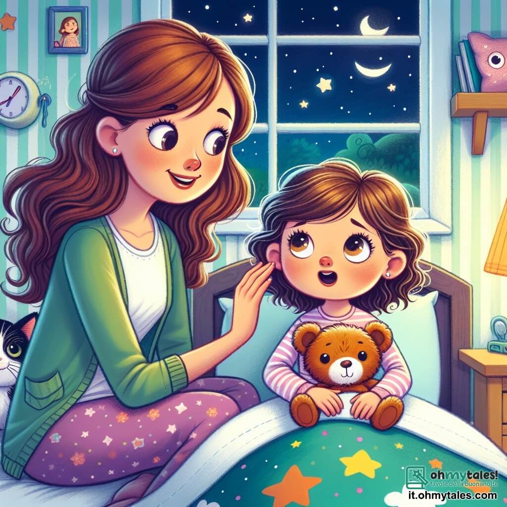 Una bambina di 4 anni, con grandi occhi brillanti e capelli castani ricci, è sdraiata nel suo letto. Ha un'espressione sia curiosa che leggermente preoccupata, stringendo il suo orsacchiotto. Accanto a lei, la mamma, una donna dolce di circa 30 anni con capelli lunghi e lisci, è seduta sul bordo del letto, sorridendole calorosamente mentre le tiene la mano. La stanza è decorata con muri pastello, con stelle e nuvole dipinte, e una dolce luce notturna illumina la stanza. Un piccolo gatto nero, Micio, è seduto sul tappeto, con occhi brillanti, pronto a giocare. La scena principale mostra la bambina che ascolta attentamente i rumori della notte, con orecchie attente e un leggero sorriso che inizia a comparire sul suo viso. La mamma le spiega con calma da dove provengono questi rumori misteriosi, creando un'atmosfera rassicurante e calorosa.