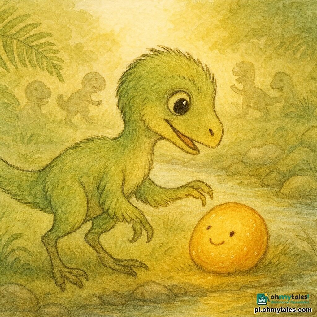 Mały welociraptor o imieniu Piórko, z ciekawym i radosnym wyrazem twarzy, dużymi błyszczącymi oczami i miękkim piórom pistacjowozielonym ze słabymi żółtymi refleksami, wyciąga łapę ku świecącemu kamyczkowi Iskierka — gładki przeźroczysto-bursztynowy otoczak z drobnymi złotymi iskierkami, siedzący przy brzegu strumienia i emitujący ciepłe światło jak uśmiech; w tle, nieostre przyjazne sylwetki innych dinozaurów bawiących się, a całość rozgrywa się w polanie nad migoczącym strumieniem między dużymi paprociami, mchem na kamieniach i falującą wysoką trawą przy niskim złotym słońcu — ciepła, łagodna, skupiona na magicznym kontakcie łapy i kamienia.