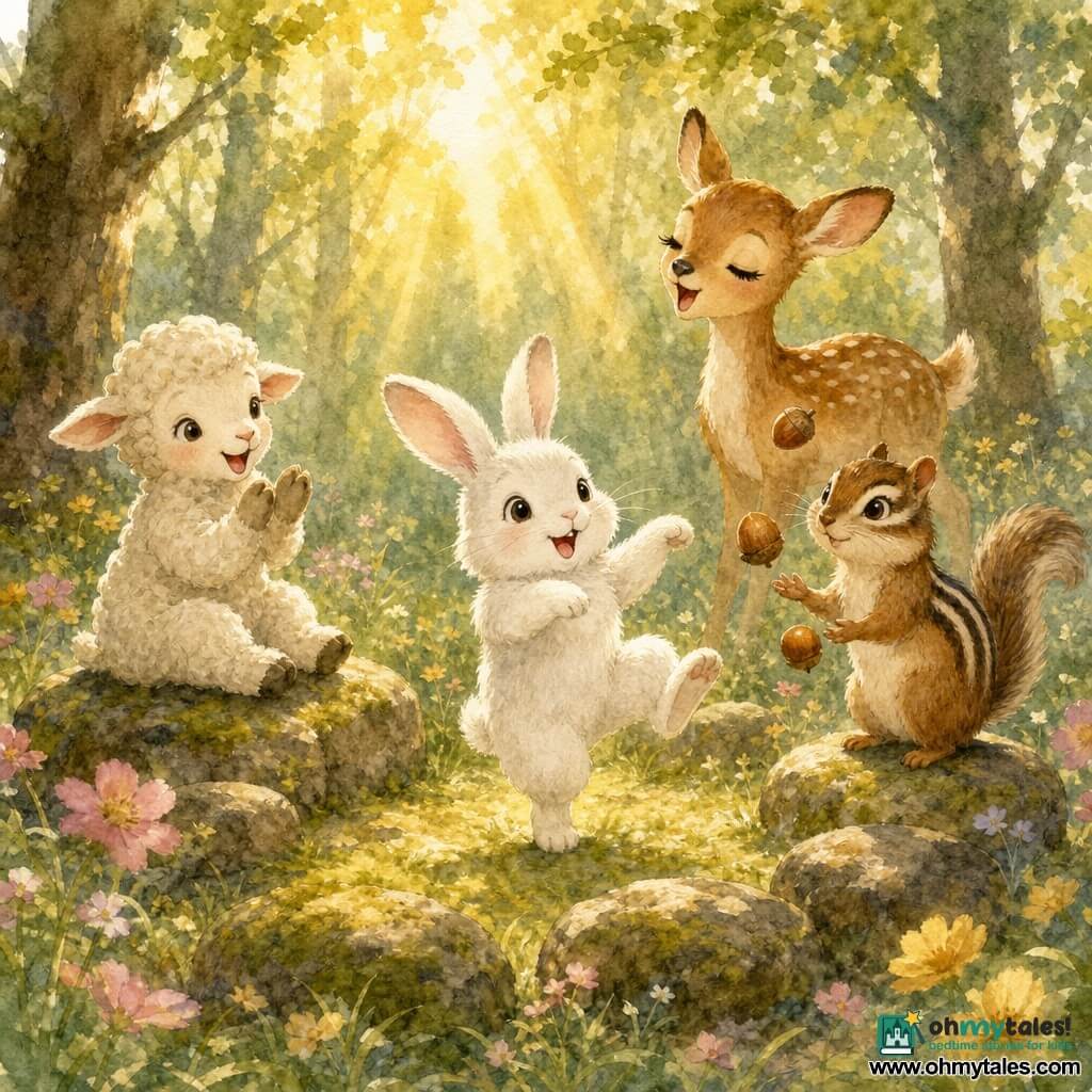 Benny, a small fluffy white rabbit, joyfully dances in the center of a mossy stone circle while Lily, a curly‑wool lamb on the left, applauds, Charlie, a brown‑and‑cream chipmunk on the right, clumsily juggles acorns, and Daisy, a young fawn, stands slightly behind singing; the scene is a sunny forest clearing amphitheater with wildflowers and tall trees filtering golden light, rendered in soft watercolor tones with warm, childlike expressions.
