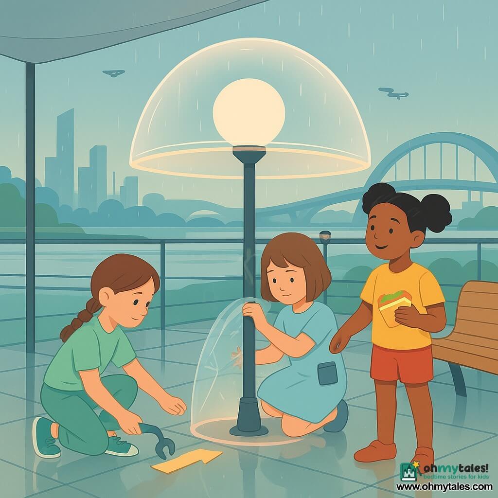 Three girls, ~8: Mira—chestnut bob, pale blue dress, notebook at her belt, kneeling center near a round‑topped lamp she covers with clear film, focused; Lina—fair, braided hair, mint green practical outfit, crouched left holding a small gray grabber and placing a directional ground sign, attentive; Jada—dark skin, bouncy braids, yellow tee and red shorts, standing right eating a colorful sandwich with a mischievous smile while sticking a humorous sticker on a post. On a rooftop skywalk terrace with translucent glass panels reflecting them, a light wood curved bench, a silver shade sail, a row of tall metal lanterns with round glass heads along the edge, discreet rails for a transparent dome and a futuristic skyline with river, curved bridges and small hovering drones. They are testing a rising translucent "Comfort Dome" with peach glowing edges as a fine rain falls and bounces off the dome; they've just adjusted a drone signal line and repaired a cracked lamp—warm golden lantern light, calm collaborative atmosphere; visible details: sticker reading "Thank you for not bonking the lantern," a curved paint tape on the ground, and a small strip of clear film over the glass crack.