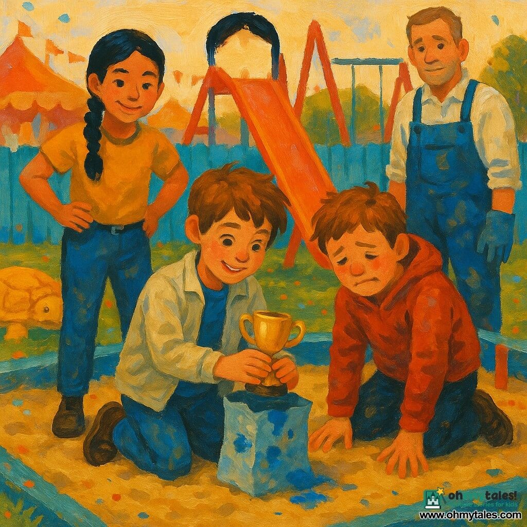 A relieved, focused 10-year-old boy with tousled chestnut hair kneels in the sand, carefully pulling a small gold trophy still in a paper bag stained with blue paint; behind him, about 10-year-old Maya with black braided hair and an encouraging smile but worried brows stands hands on hips watching; beside him, Jasper, ~10, in a slightly dirty red hoodie, ashamed but relieved, crouches with hands in the sand; nearby, middle-aged Mr. Hobb in overalls and gloves with a sleeve stained blue paint stands slightly back, ashamed but relieved; setting: lively schoolyard fair, sandbox with a large yellow plastic turtle, red slide and swing, freshly painted bright blue wooden fence, green grass and confetti; scene: joyful, calming reveal of the trophy found under the plastic turtle in soft late-afternoon light, careful gestures and relieved expressions, centered composition on the trio and trophy, warm colors contrasting with blue paint; style: visible brushstrokes, thick acrylic textures, bright childlike palette, sharp facial and trophy details, slightly blurred background.
